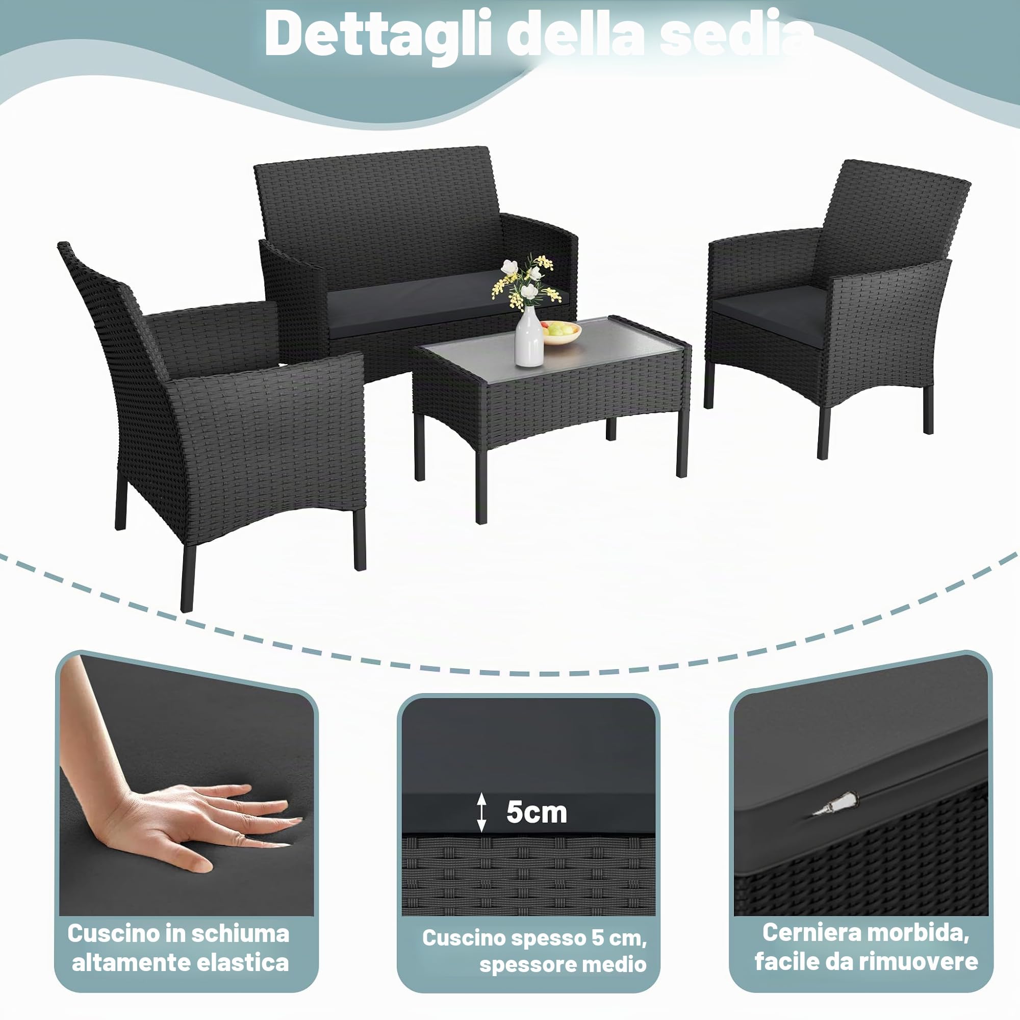 UISEBRT Mobili da giardino in polyrattan per 4 persone, con 1 divano doppio, 2 divani singoli, 1 tavolo con piano in vetro e cuscino, per esterni, resistenti alle intemperie, per terrazza, giardino