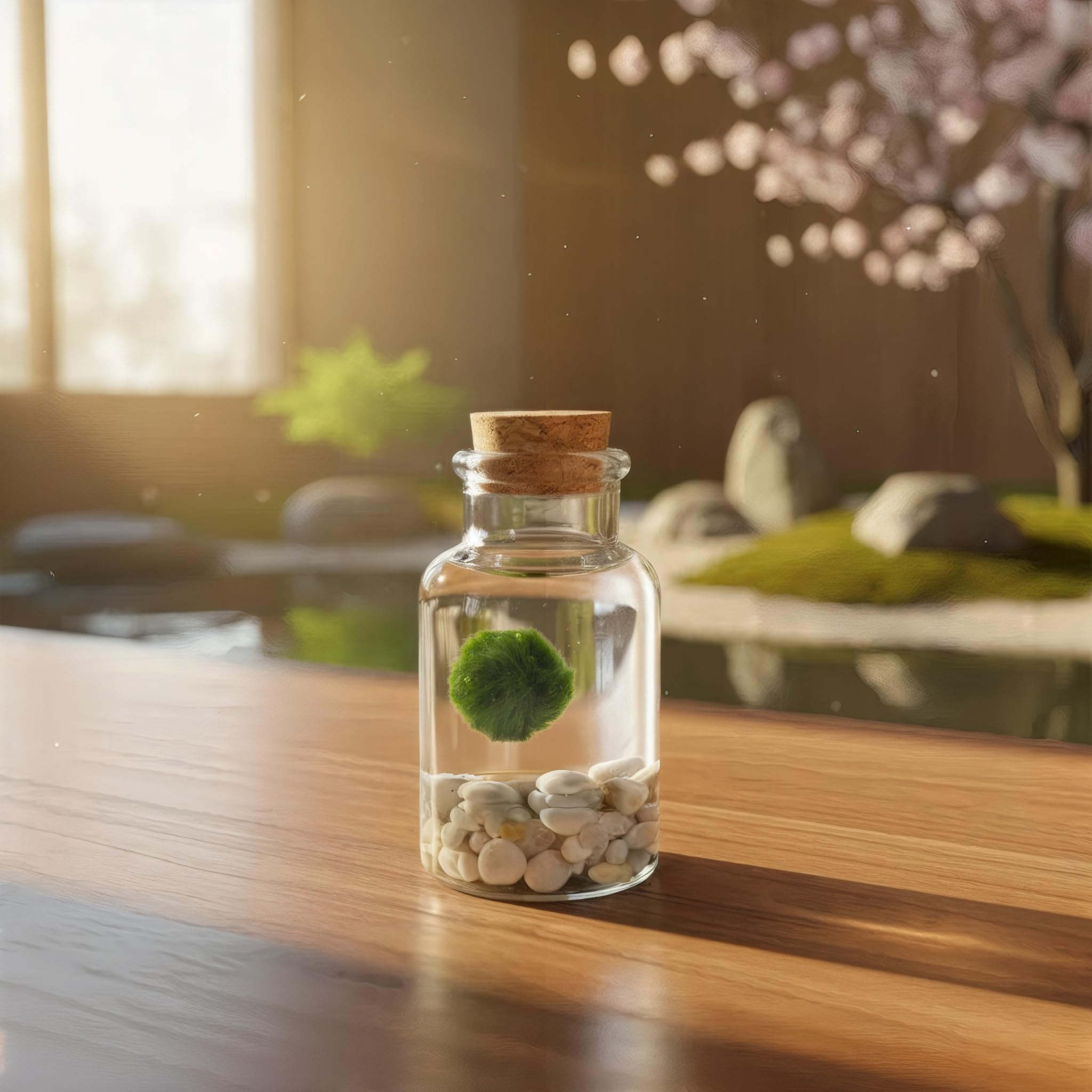 KAKI «La felicidad está en las pequeñas cosas» Kit Marimo en botella individual – Fondo blanco, jarrón de cristal con tapón, hecho a mano en Italia, diámetro 4 cm, altura 11 cm
