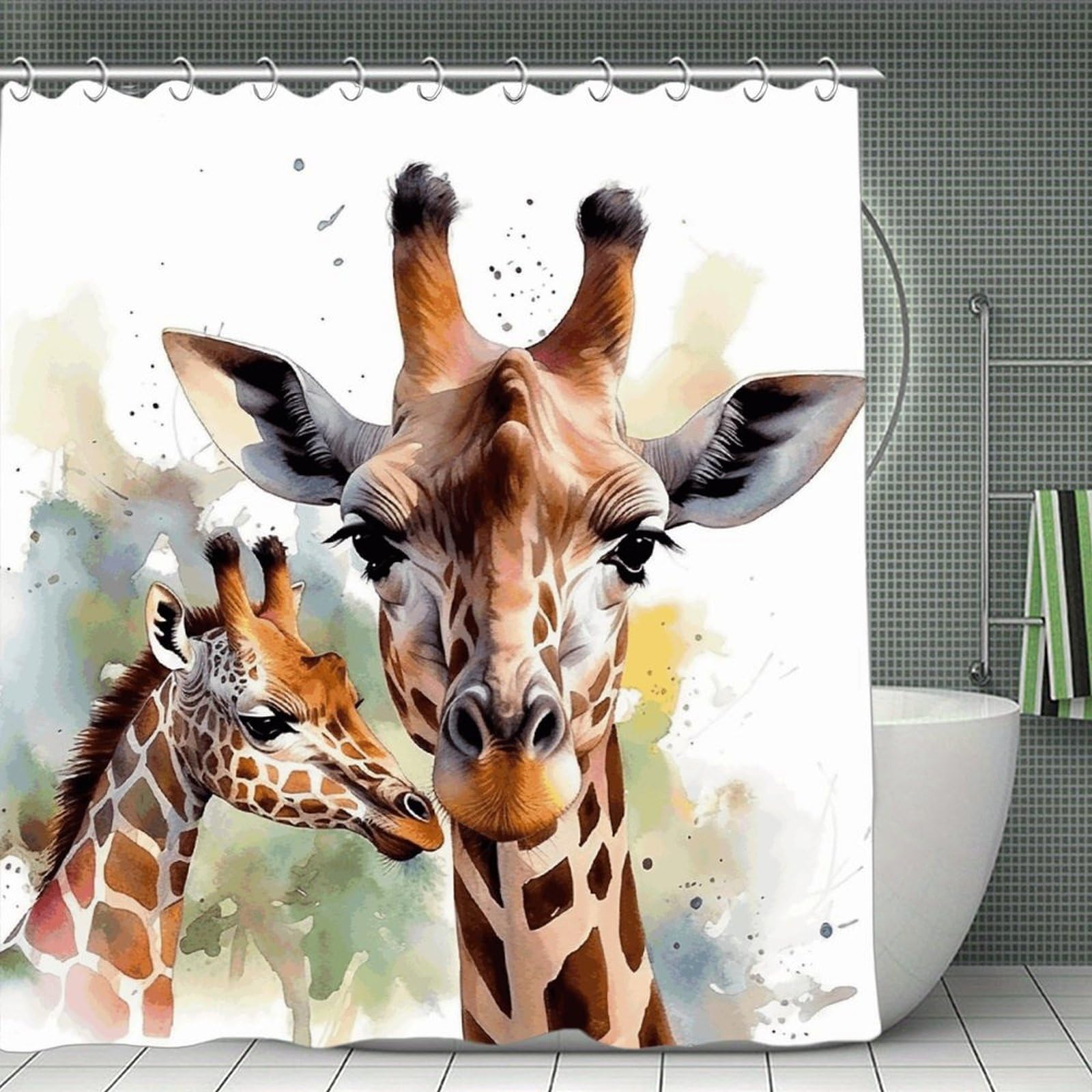 QMNLKH Watercolor Deer Giraffe Shower Curtain with Hooks, Waterproof Bath Curtains for Bathroom, Lightweight Bath Curtains Liner for Hotel, Personalized Bath Curtain for Spa, 70.8 Inch