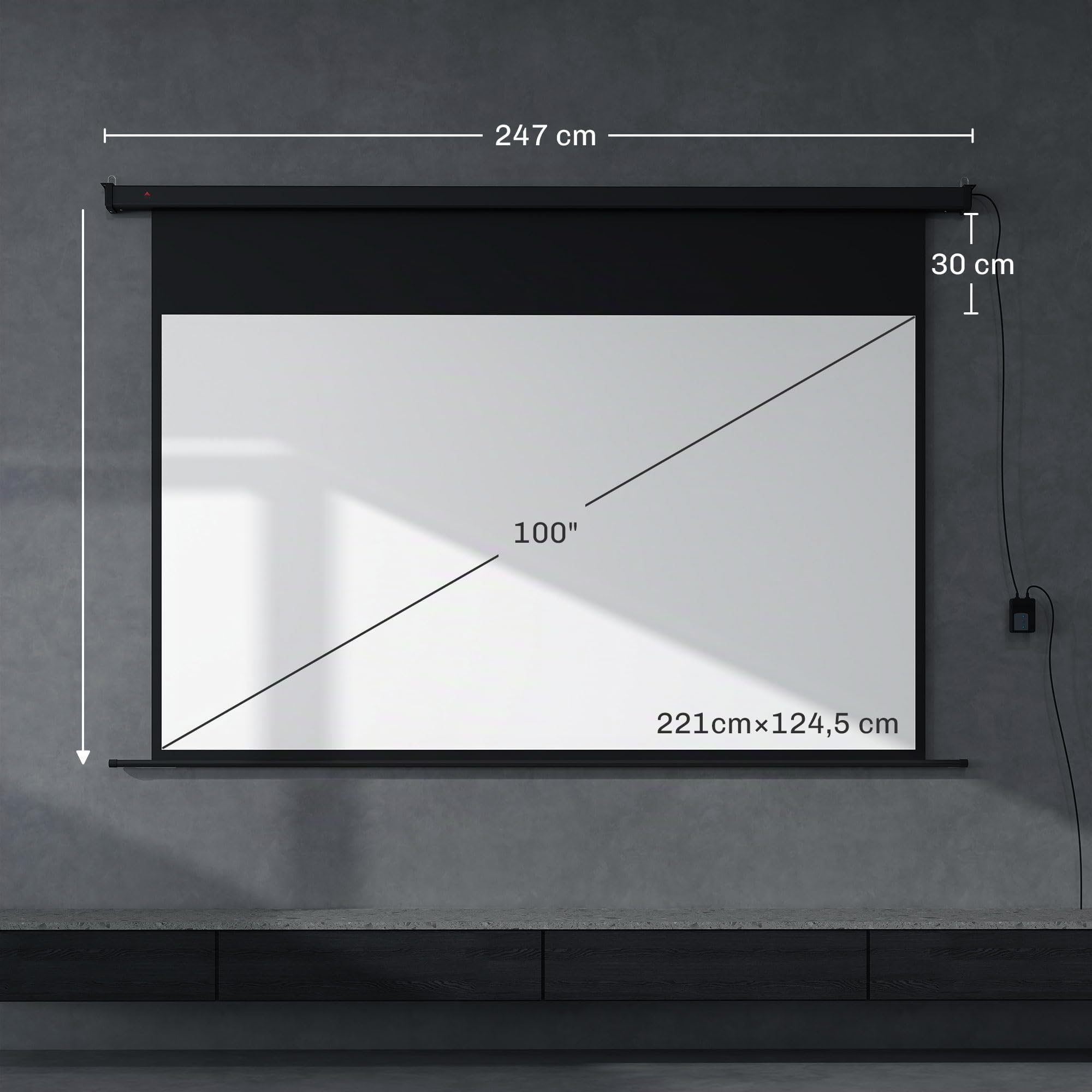 HOMCOM Pantalla de proyector motorizada 16:9 4K HD Negro | Pantalla de proyección eléctrica para TV y cine en casa, montaje en pared o techo, panel de control, mando a distancia.