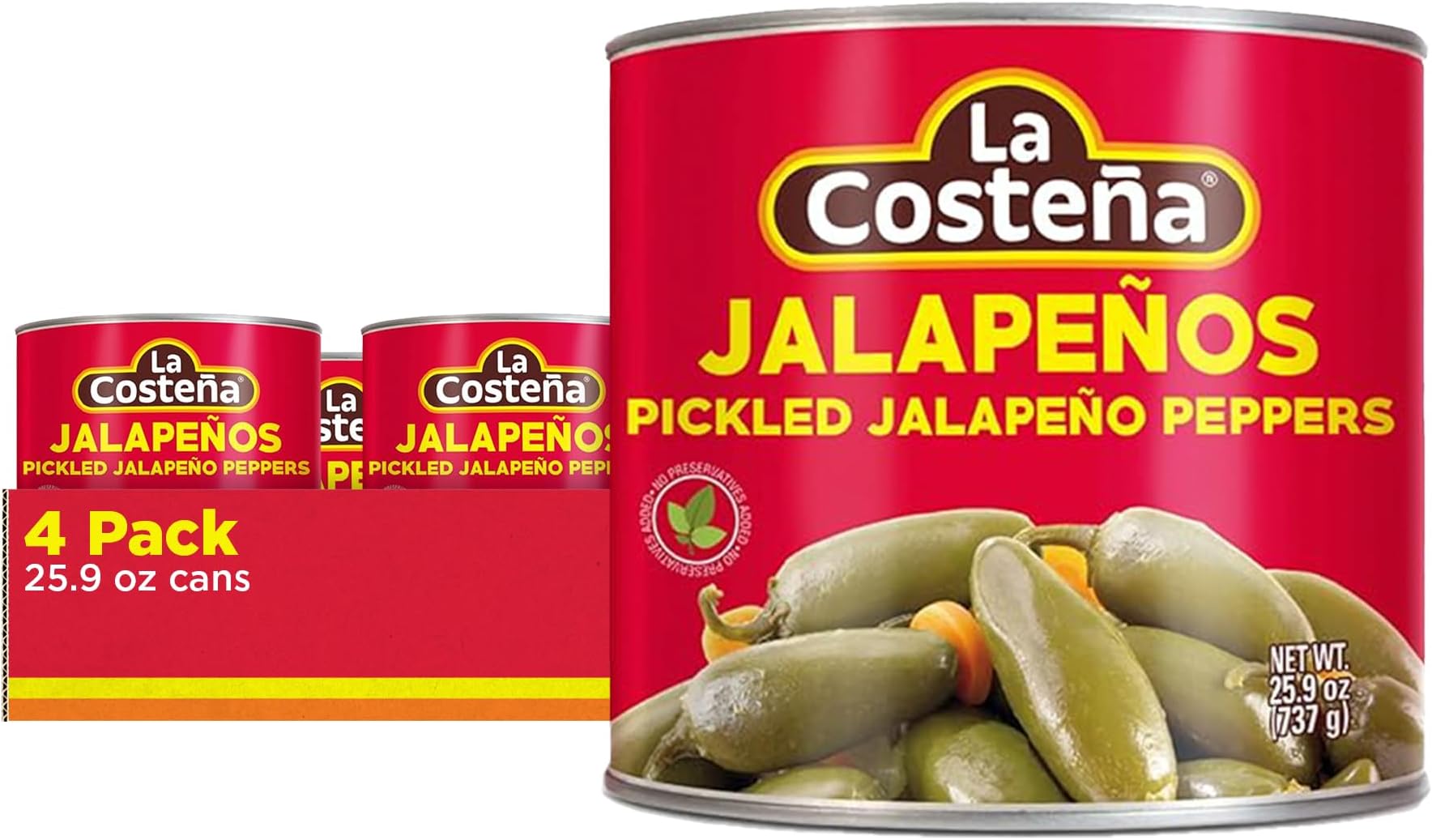 La Costeña Whole Pickled Jalapeño Peppers | Pickled Green Hot Jalapeños | 26-Ounce Can (Pack of 4)