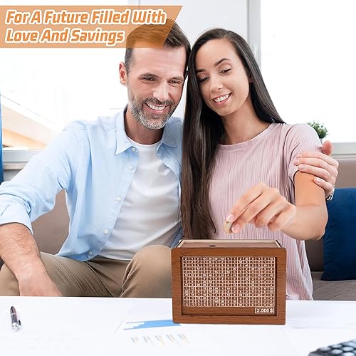 Miniatura 5 de Caja de dinero de madera para niños y adultos, caja de ahorro retro con contador para objetivos de ahorro, ahorro de dinero con cuenta regresiva y