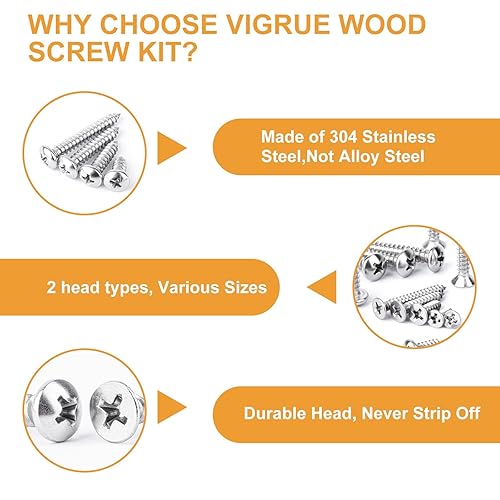 Miniatura 10 de VIGRUE Kit surtido de 495 tornillos de madera, 4, #6, #8, #10 cabeza de sartén Philips tornillos de madera con funda, tornillos autorroscantes de