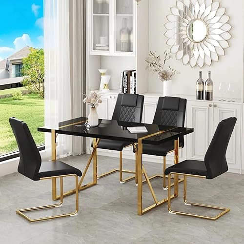 Miniatura 17 de Moderno juego de mesa de comedor para 4, juego de mesa de comedor dorado de 55 pulgadas con 4 sillas de piel sintética negra, mesa de madera negra