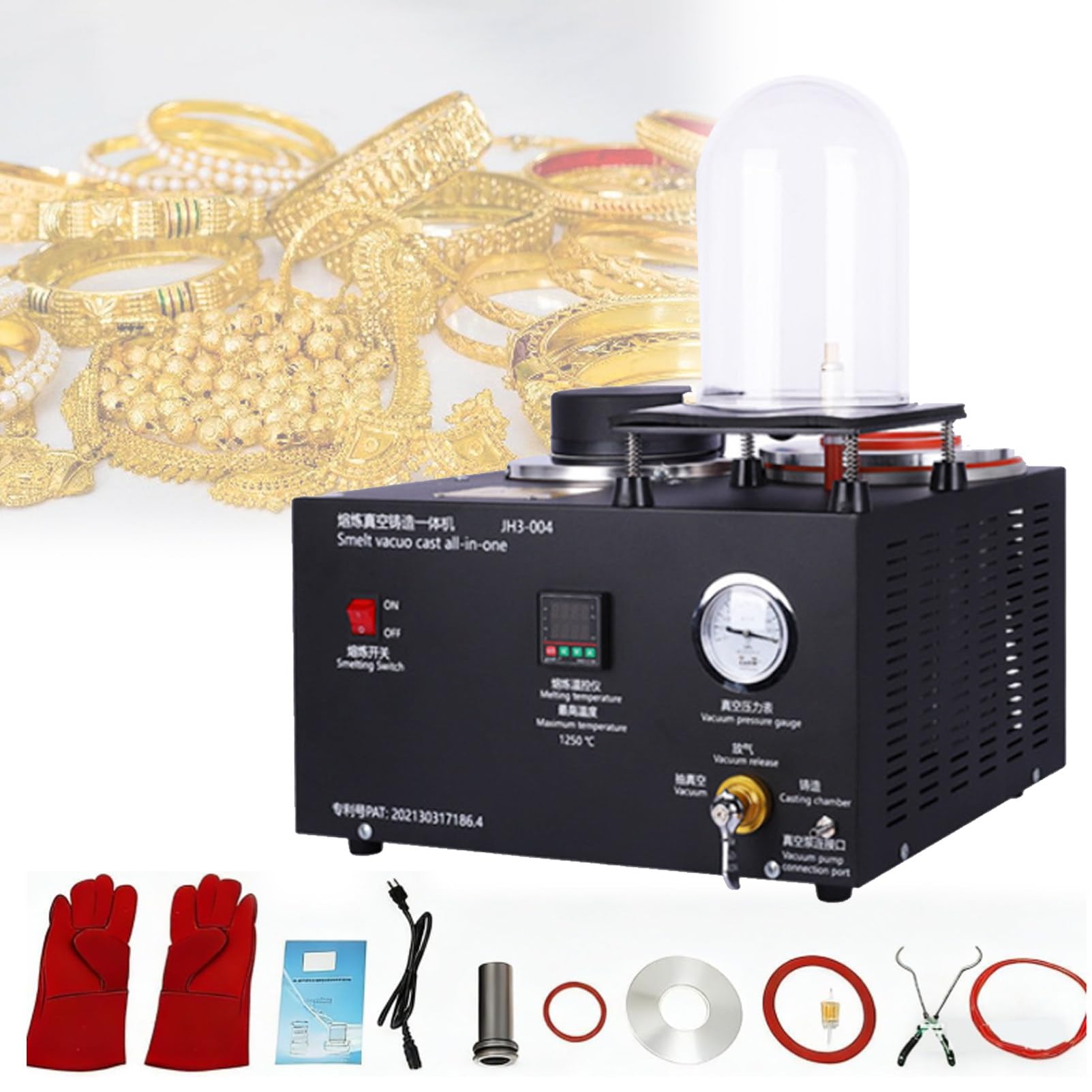 Máquina de fundición al vacío, pantalla digital, herramienta de fundición de metales preciosos a alta temperatura, 1/2 HP, con crisol de grafito, para la fabricación de joyas de oro y plata. 1KG
