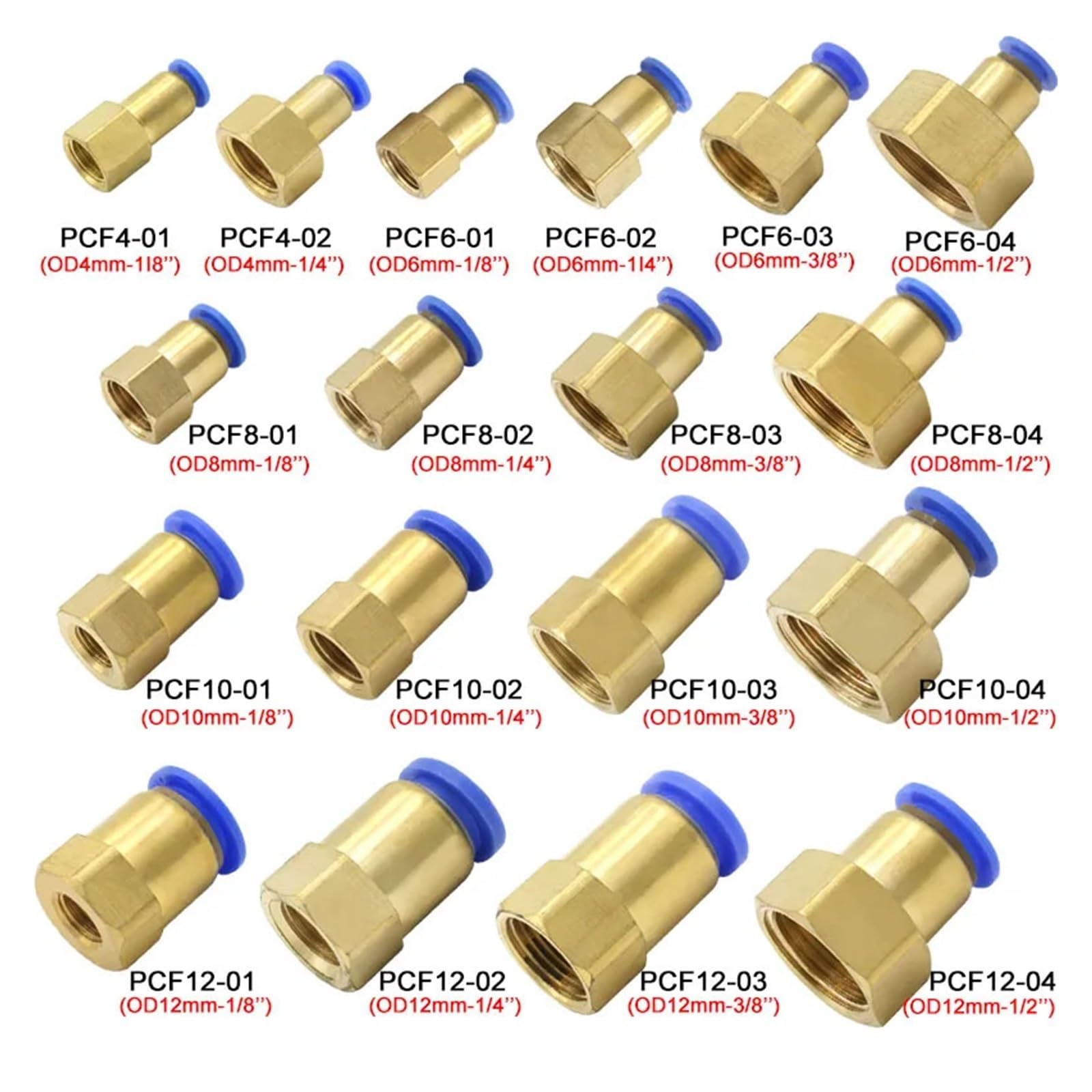 10 pezzi Connettore pneumatico PCF 4 6 8 10 12 mm Tubo flessibile 1/8" 3/8" 1/2" 1/4" Filettatura femmina Raccordo rapido for tubo in ottone(PCF12-02,50 PCS)