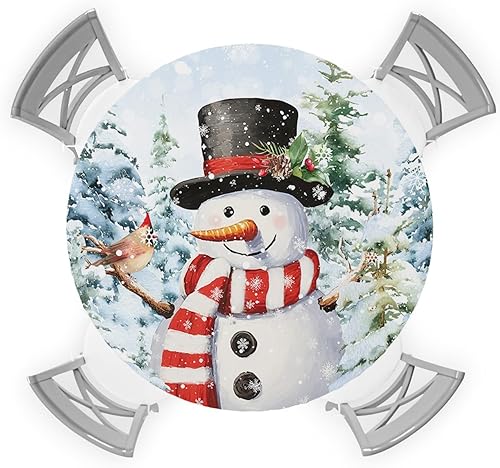 Mantel redondo elástico de Navidad, mantel ajustable de invierno con diseño de muñeco de nieve, copo de nieve, bosque, para mesa redonda, a prueba