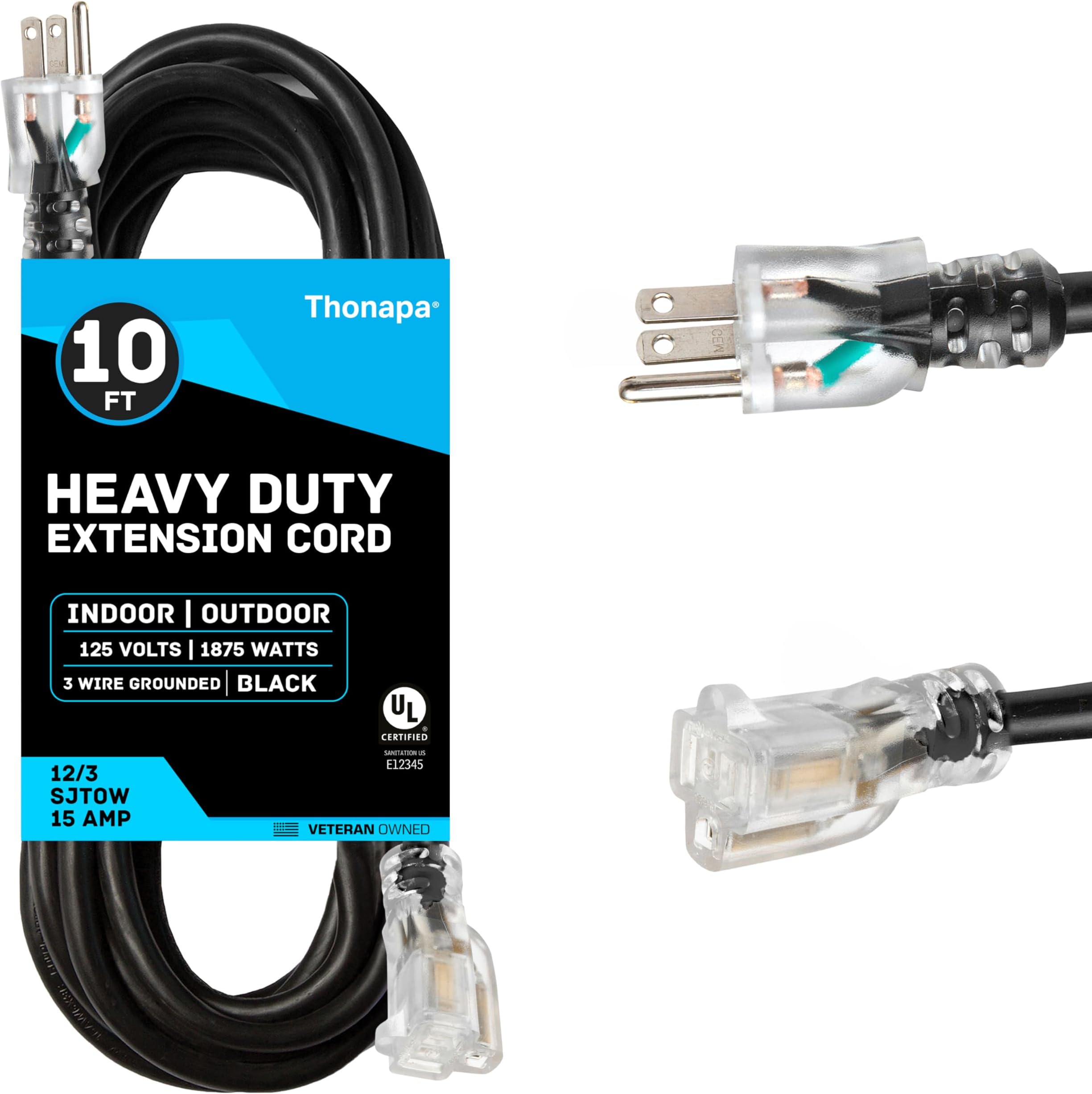 THONAPA 12 Gauge Heavy Duty Extension Cord 10 Ft, SJTOW Oil Resistant & Flame Retardant Black Extension Cord with 3 Prong 10 Foot, 12/3 Black Outdoor Electrical Cable Great for Farm, Ranch & Workshop
