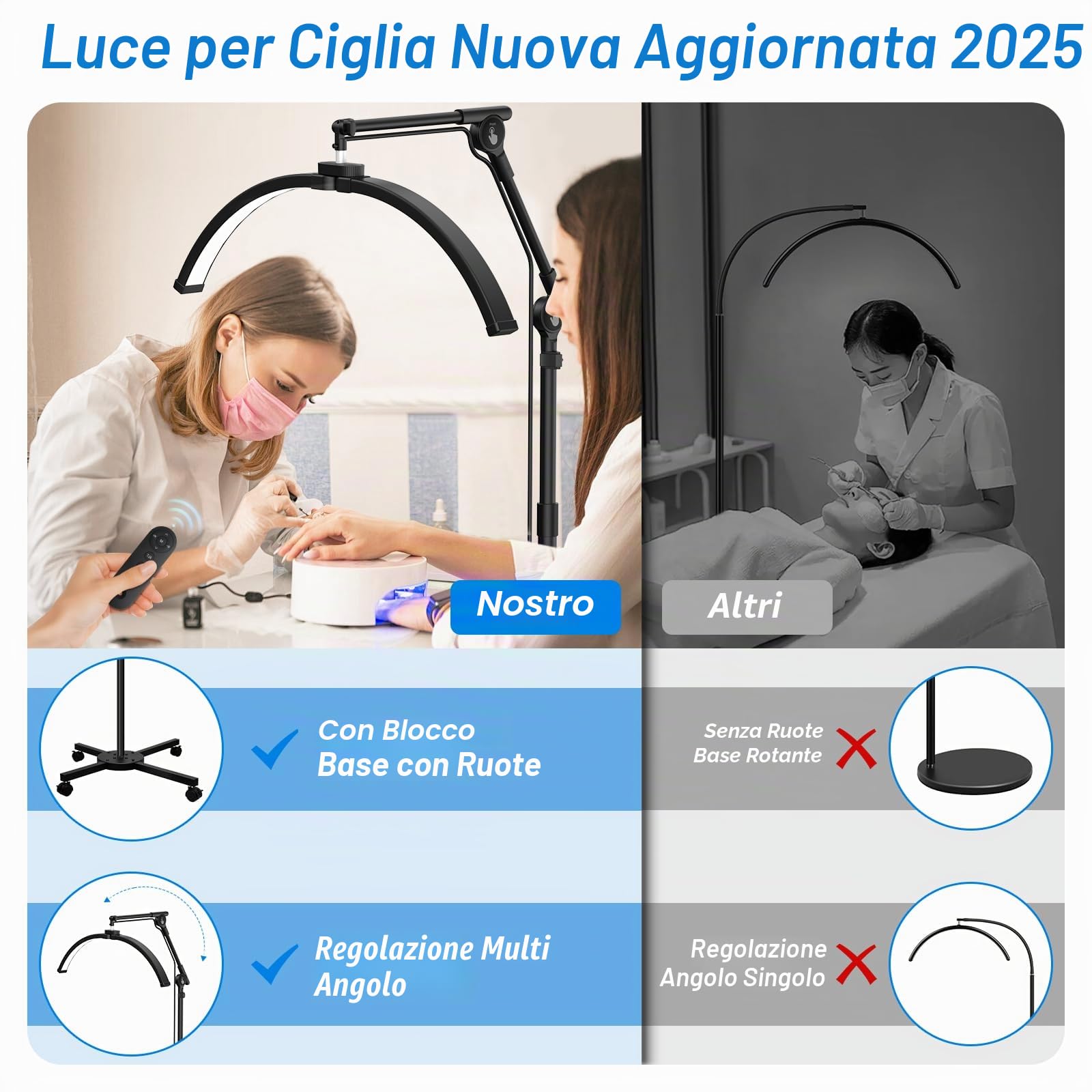 CGBE Lampada Extension Ciglia da Terra: LED Lampada Mezza Luna Ciglia con Porta Cellulare - Base Mobile - Testa Rotabile a 360° - Luminosità e Altezza Regolabili - per Ciglia/Cura della Pelle/Tatuaggi