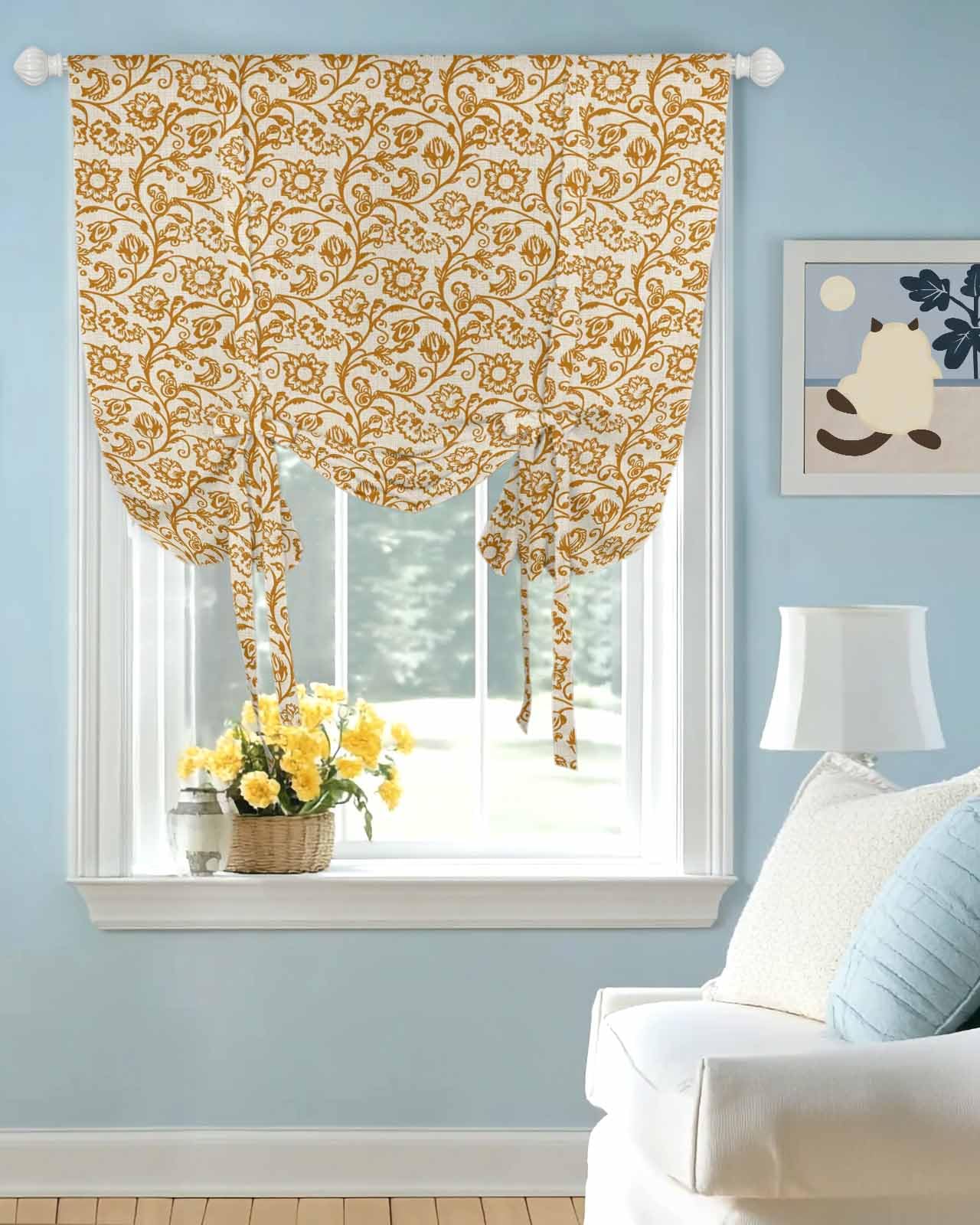 Tie Up Curtains for Windows Abstract Flowers Pattern Rod Pocket Tie-Up Window Shade Adjustable Balloon Curtain Valance Retro Brown Floral Art for Bedroom Kitchen Bathroom Blinds,52x45in