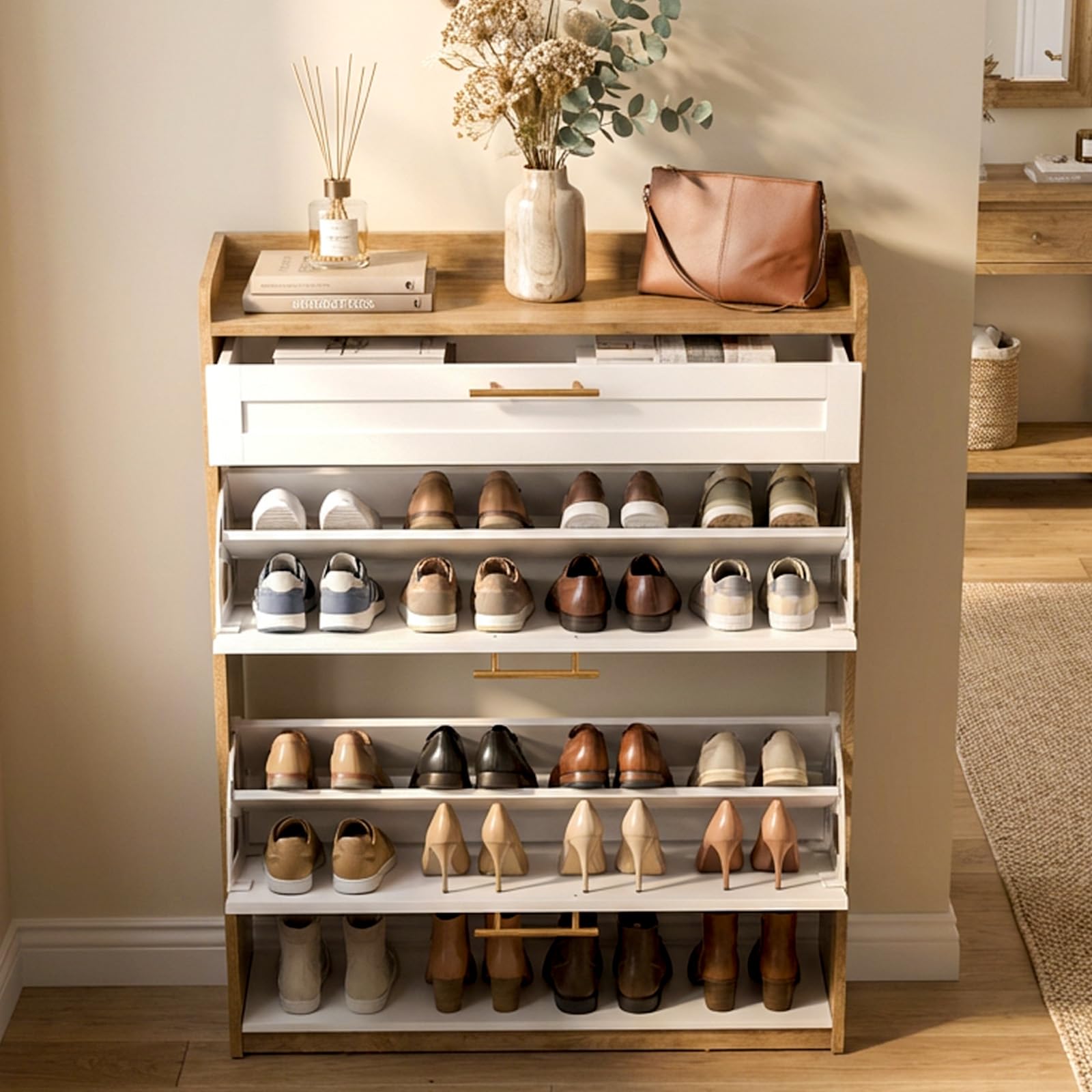 Schuhschrank im Landhausstil, Schuhkipper mit 2 Klappen und Schublade, Schuhaufbewahrung mit Holzplatte und verstellbaren Trennwänden, Flurschrank für 8-12 Paar Schuhe (Eiche)