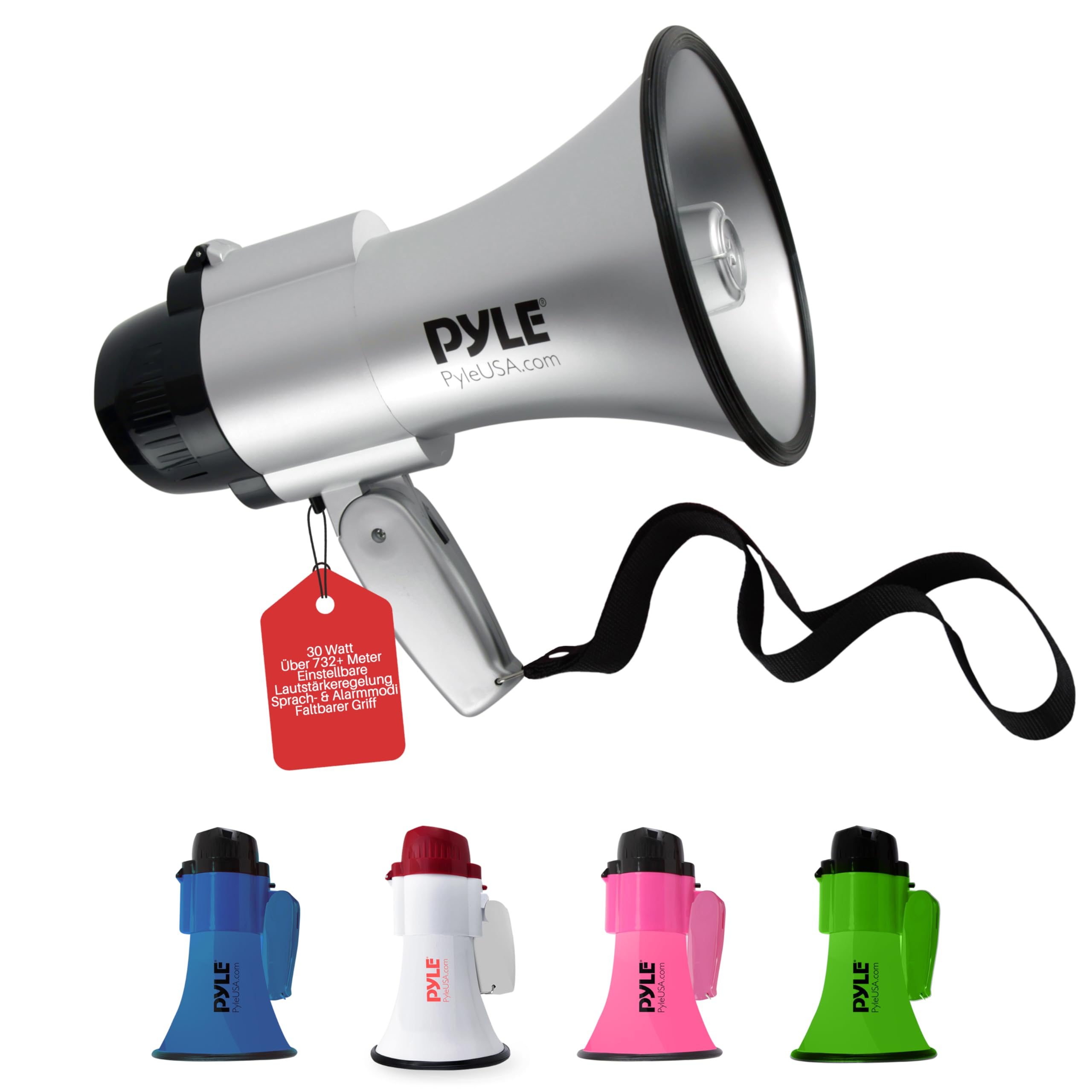 Pyle Megafon 30W mit Sirene & Mikrofon, Silber Faltbares Megaphone für Kinder & Erwachsene, Lautsprecher für Fußball, Events, Notfälle