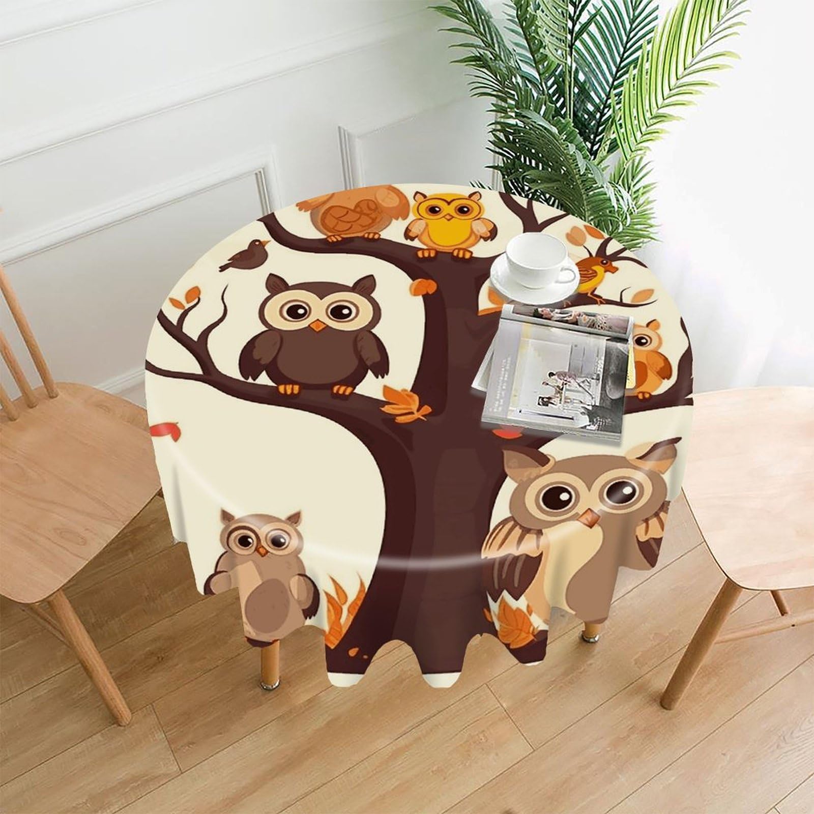 FekiLoot Cartoon Family Owls On The Brown Tree Round Tablecloth Cover 60 Inch Wrinkle Free Washable Polyester Fabric Table Cover Decorative Round Table Cloth for Home Dining Kitchen Party Farmhouse