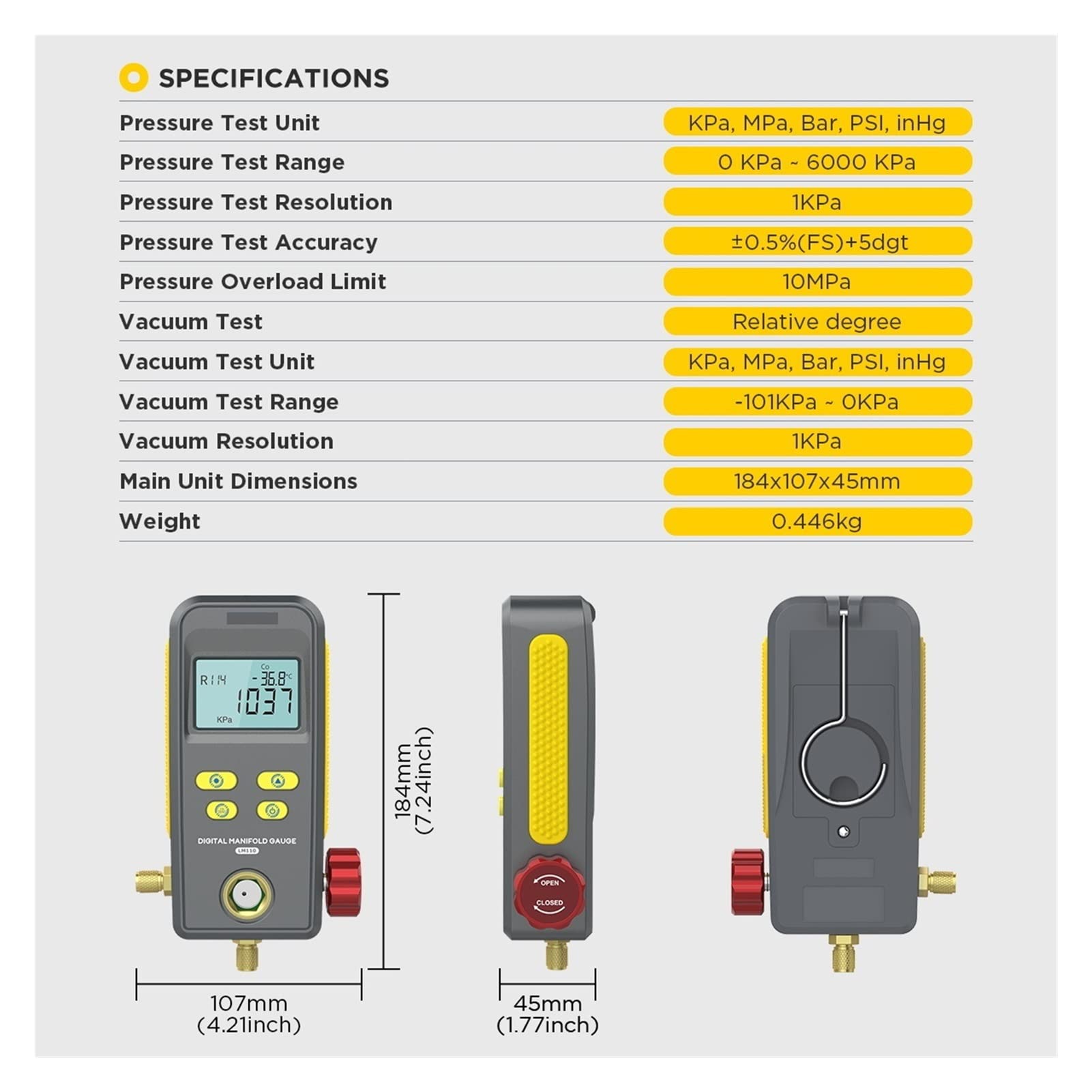 LM110 Digital Refrigeration Manifold Gauge Vacuum Pressure Temperature Meter Test Air-Conditioning,Alta precisión
