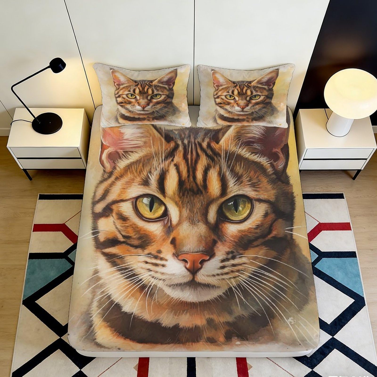 3D Printed Realistic Tabby Cat Fitted Sheet Microfiber Soft Anti-Slip Animal Face Mattress Cover for Bedroom Dorm Home Decor 120x200cm 120x200x25cm