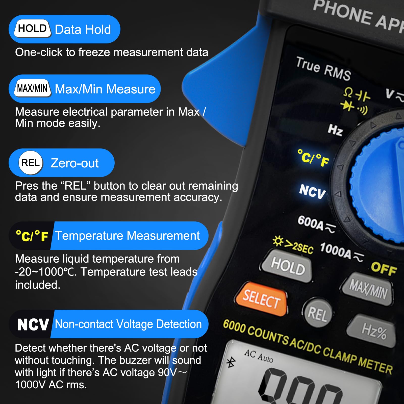 Bluetooth Pinza Amperometrica 1000A CC/AC, Kethvoz Multimetro Professionale Misura AC/DC Elettrica Corrente Tensione Resistenza Capacità, 6000 Conteggi Auto-range Voltmetro Digitale KE-580SAPP