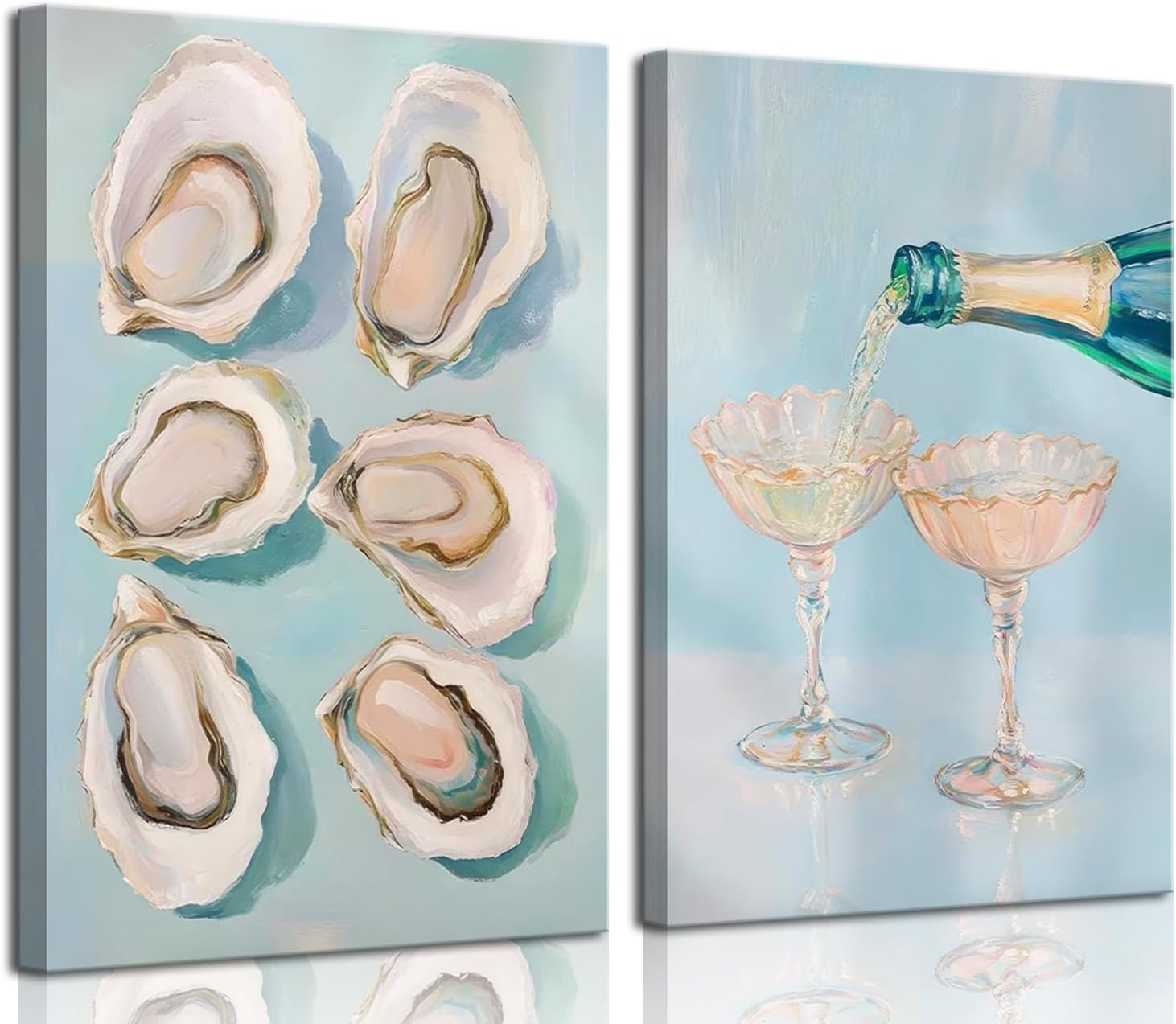 2Pcs Oyster Shell Canvas Wall Art Funky Bar Cart Cocktail Wall Decor Pictures Pastel Blue Wine Champagne Posters Print Girly Coastal Aesthetic Beach House Apartments Decoration 12x16in