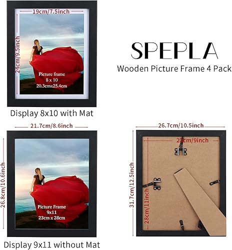 Miniatura 5 de Portarretratos de 8 x 10 pulgadas con paspartú o de 9 x 11 pulgadas sin paspartú, paquete de 4 marcos de madera negros para pared o mesa