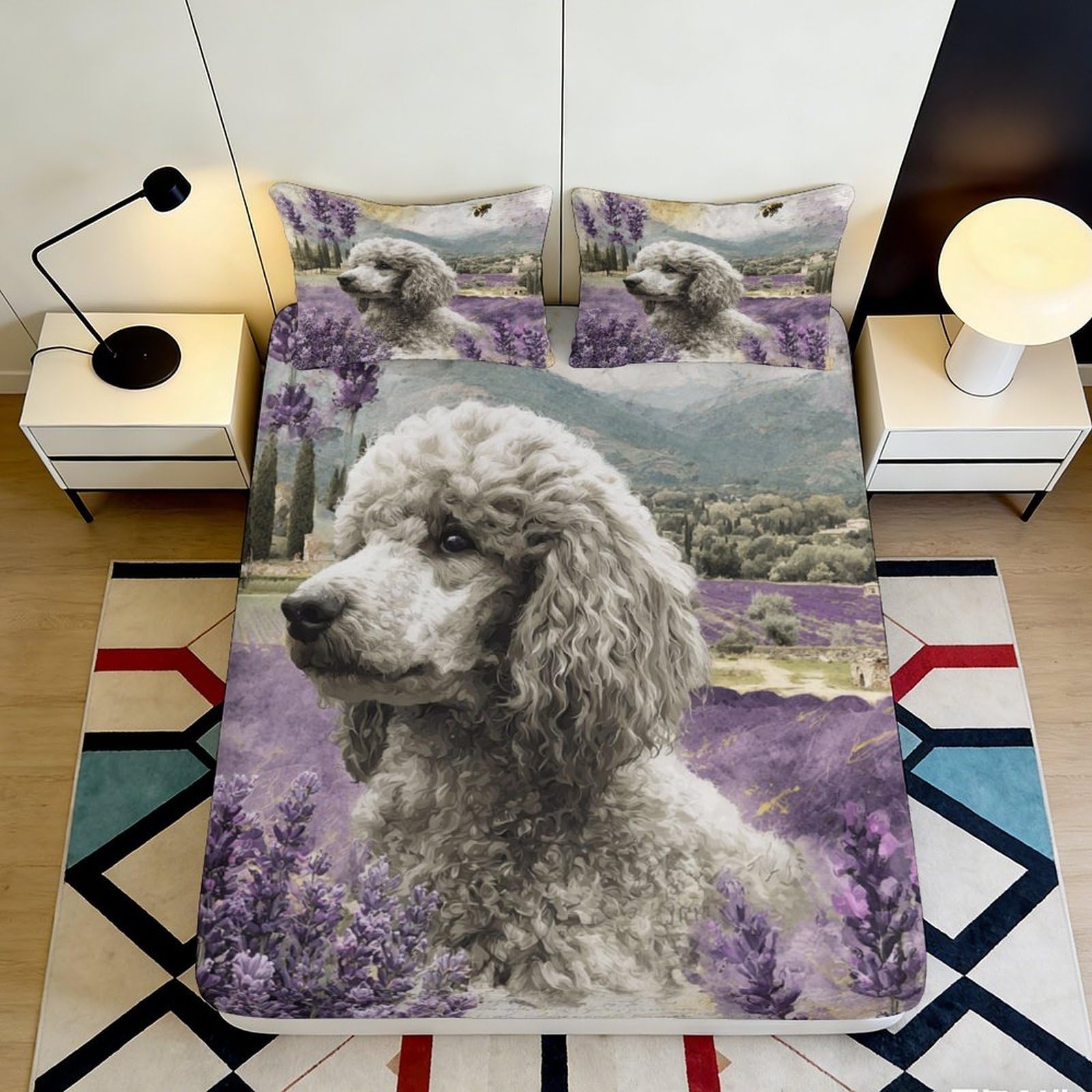 3D Printed Poodle Lavender Field Fitted Sheet Microfiber Anti-Slip Washable Mattress Cover for Bedroom Dorm Decor 90x200x25cm