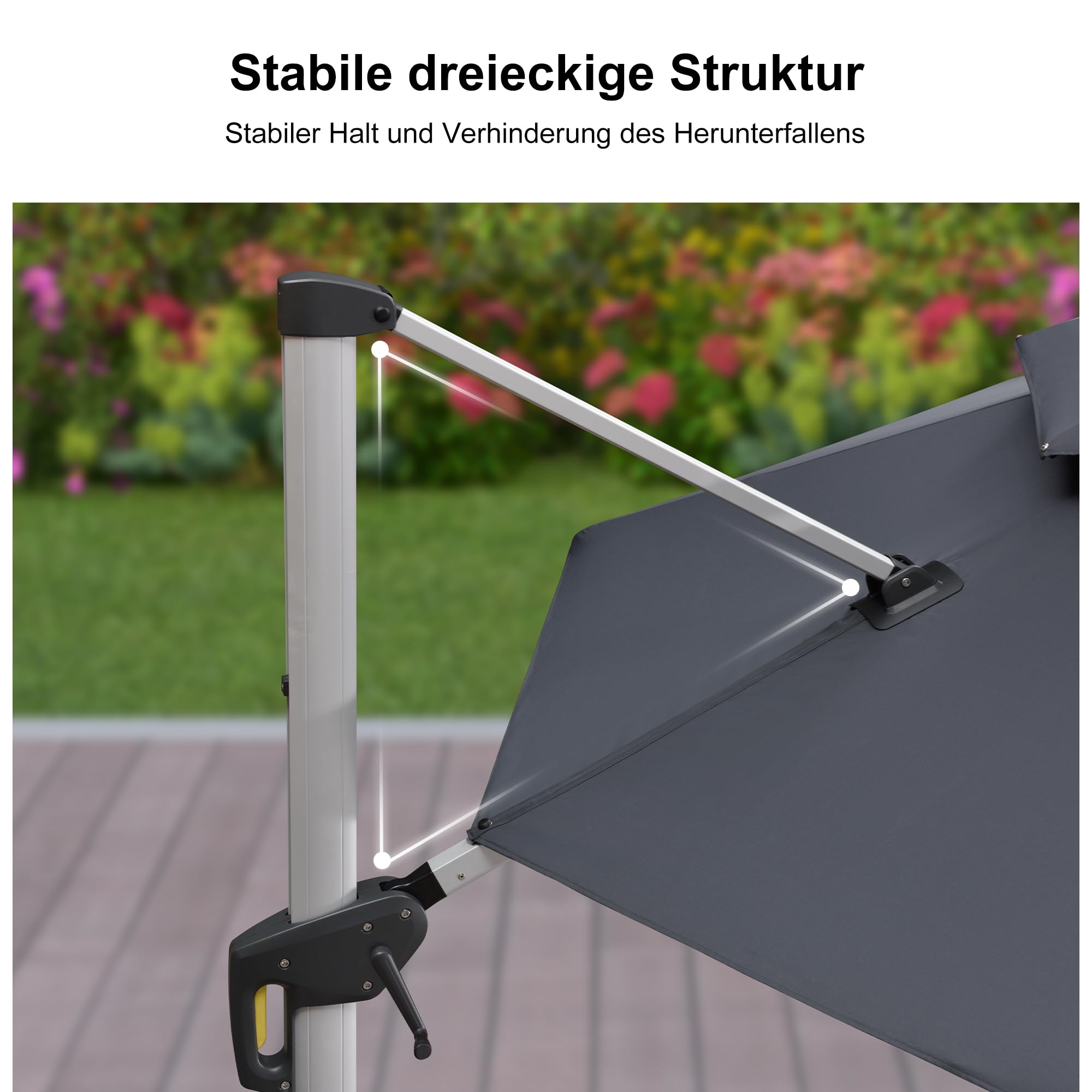 PURPLE LEAF Ampelschirm Rund 330 cm mit Ständer, Bespannung Polyester, Grau | 6-fach Verstellbar, Sanfte 360°-Drehung, Schirmständer, Doppeldach-Belüftung, Stabiler Rostfreier Alurahmen, Ampelschirm