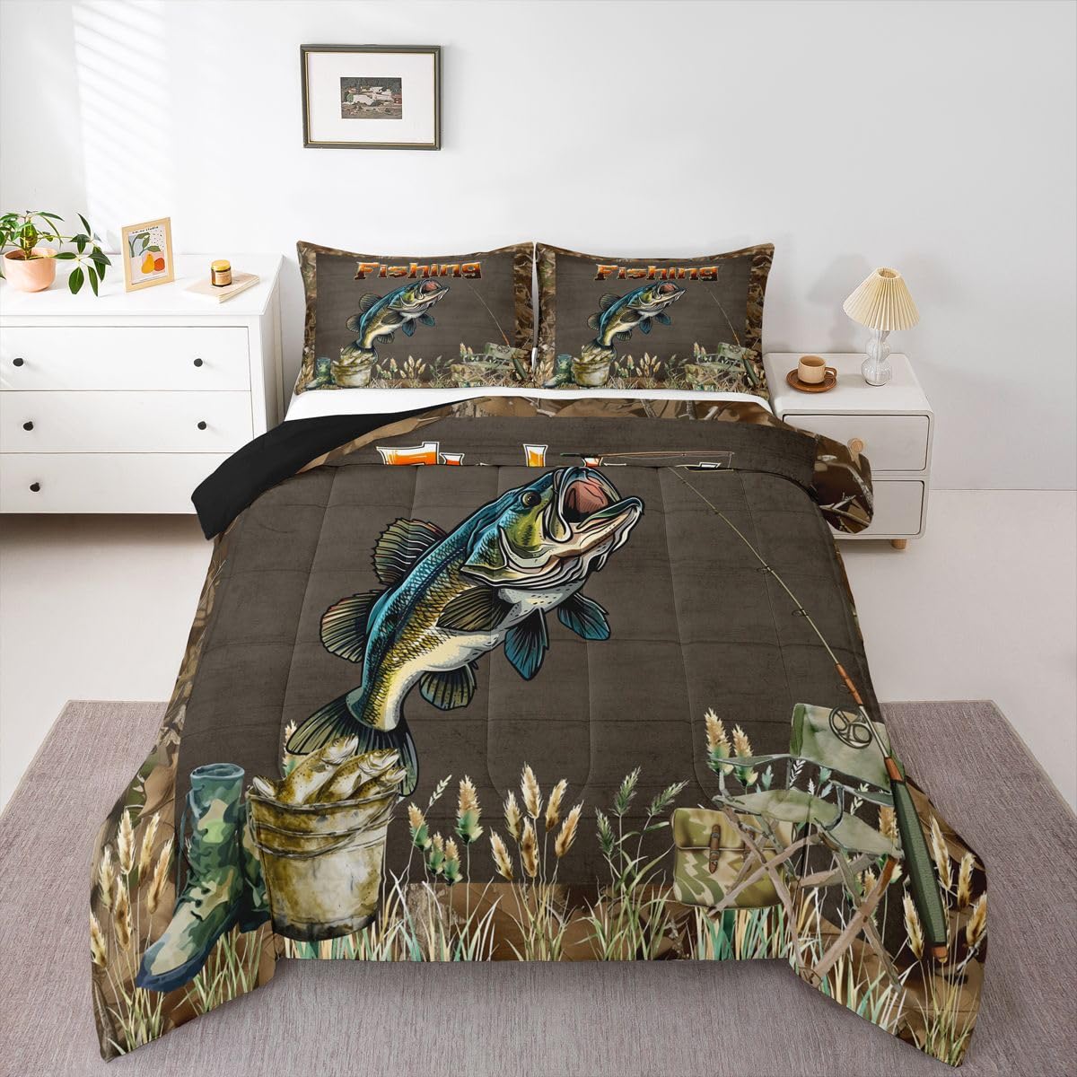 Homemissing Bass Fish Letto Trapuntato Caccia Pesca Per Ragazzi Ragazze Rustico Lakehouse Set Piumini 230x220cm 3 Pezzi Camera Decor