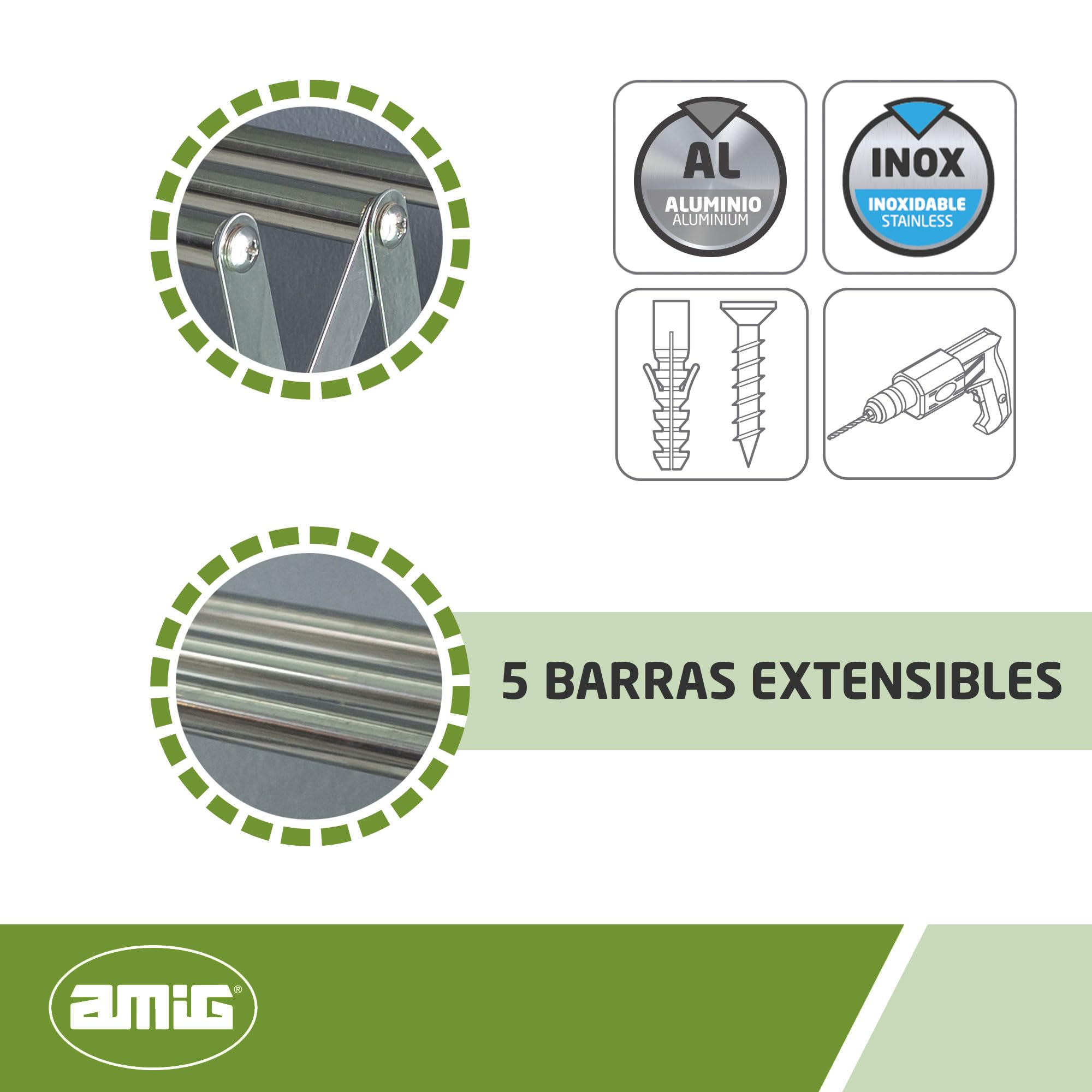Amig - Tendedero Extensible de Pared Niza - Fabricado en Aluminio de Alta Resistencia - Acabado Inoxidable - Medidas: 120x14x3cm - Tenderete de Ropa Exterior Plegable