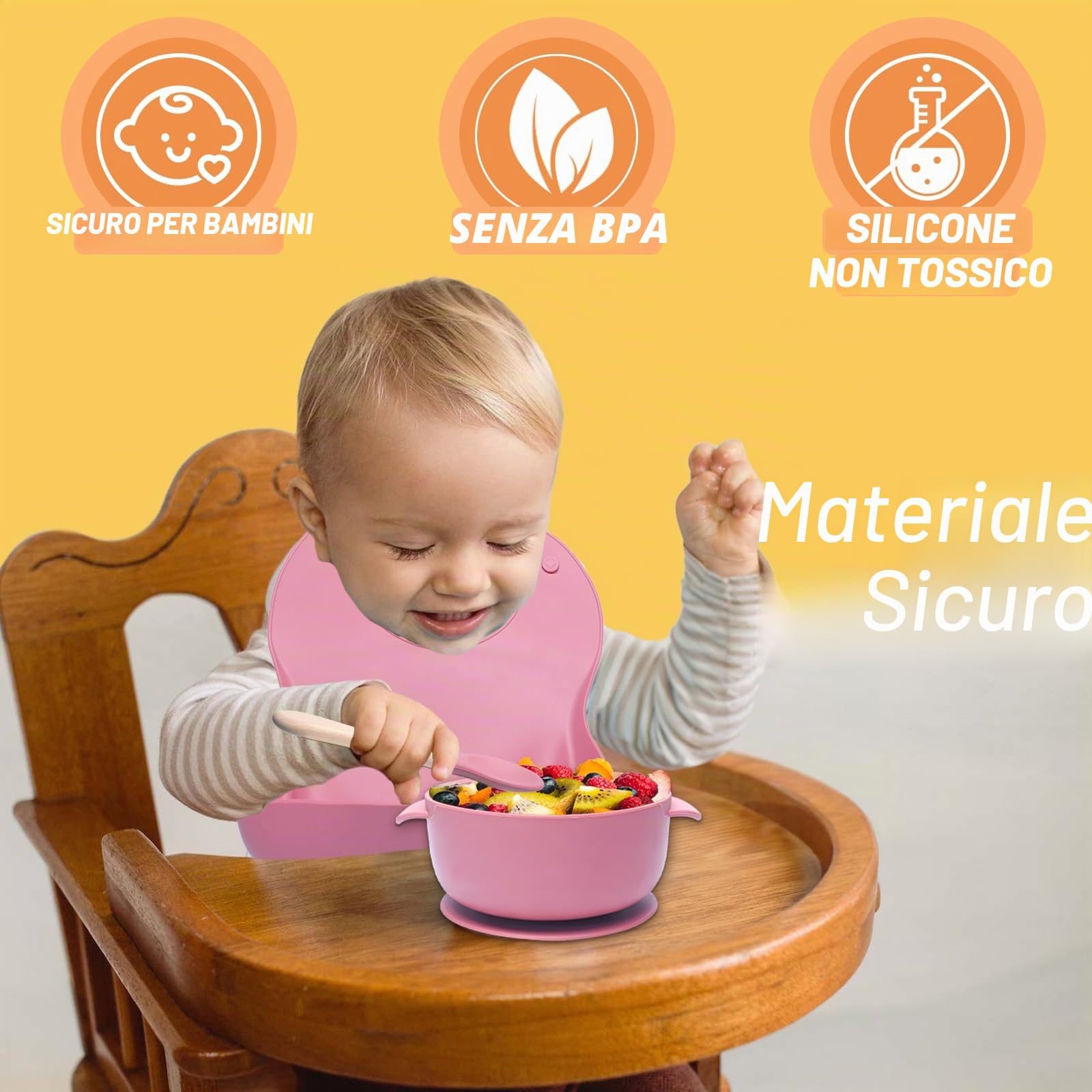 Posate set da 10 pezzi in silicone antiscivolo con ventosa, bavaglino, ciotola, cucchiaio, forchetta, beige
