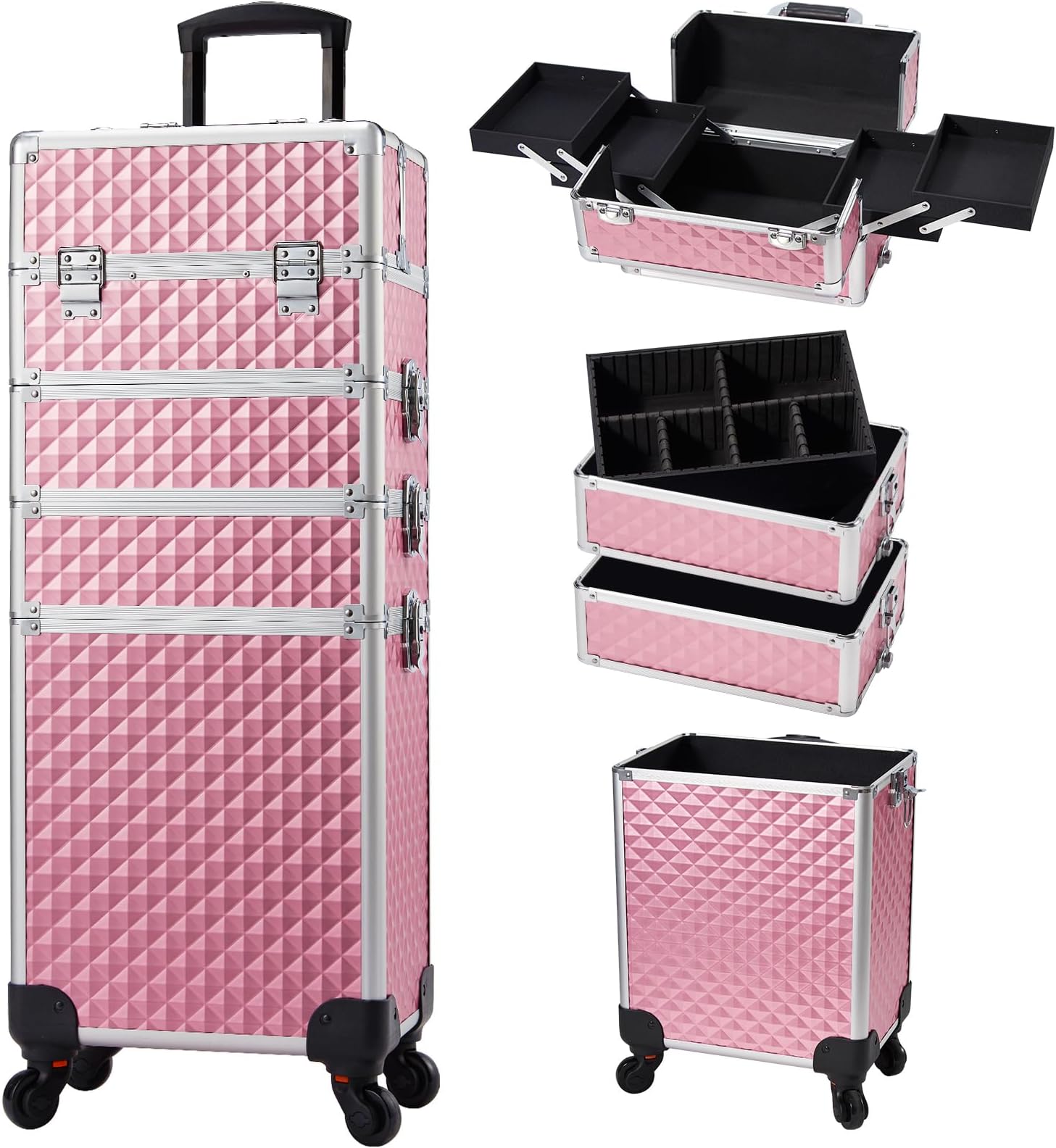 Stagiant Rolling Makeup Train Case Cosmetology Case on Wheels 4 in 1 Large Cosmetic Organizer Box Makeup Travel Case with Key Swivel Wheels Nail Artist Salon Storage Traveling Cart Big Trunk Pink