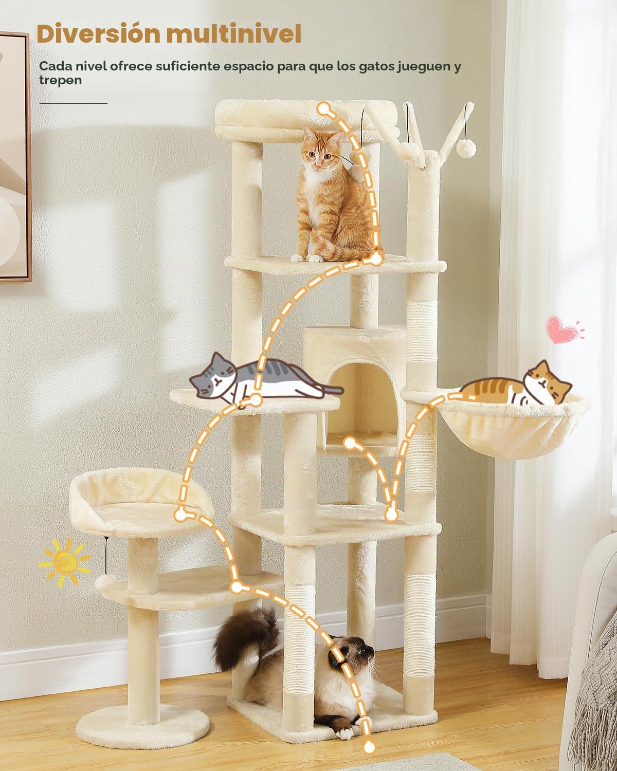 PETEPELA Árbol Rascador de 150 cm, Torre de Varios Pisos para Gatos Grandes y Medianos, con Hamaca Grande, Apartamento Privado, Rascador de Sisal y Bola de Pompón Esponjosa