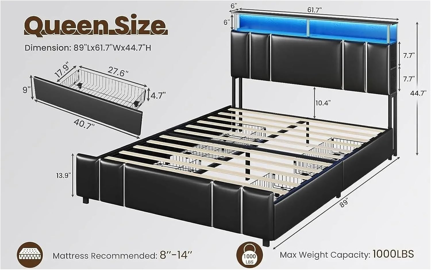 Modern Design high-end Luxury Padded Platform Double Bed with LED Lights, headboard with Bookshelf, Adult and Adolescent,Modern Style