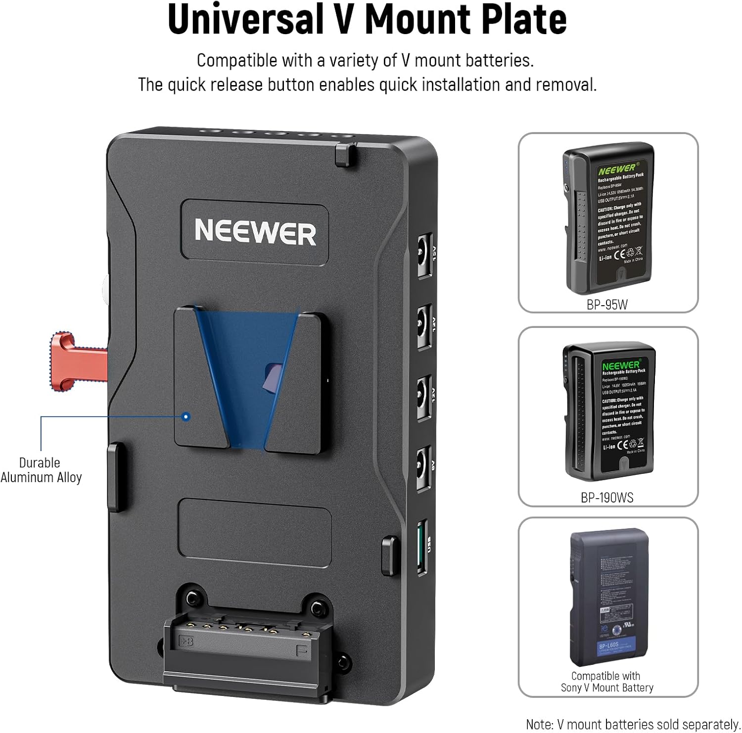 Neewer V Mount Battery Plate with 15mm Rod Clamp, Power Supply Splitter PD 60W Type C&D Tap/DC15V Port, Compatible with Fxlion Sony V Lock Battery, Compatible with SmallRig Video Rig, VB-A1