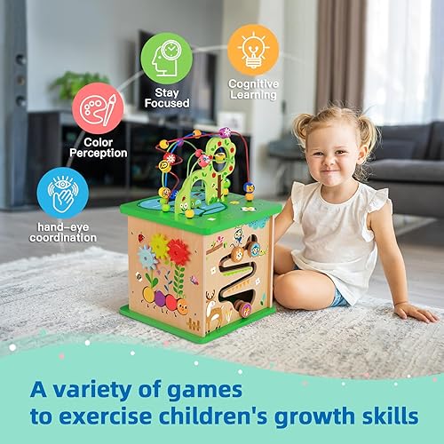 Miniatura 5 de TOOKYLAND Centro de actividades 5 en 1, cubo de juego de actividades grande de madera, juguete de rompecabezas de aprendizaje de madera para niños