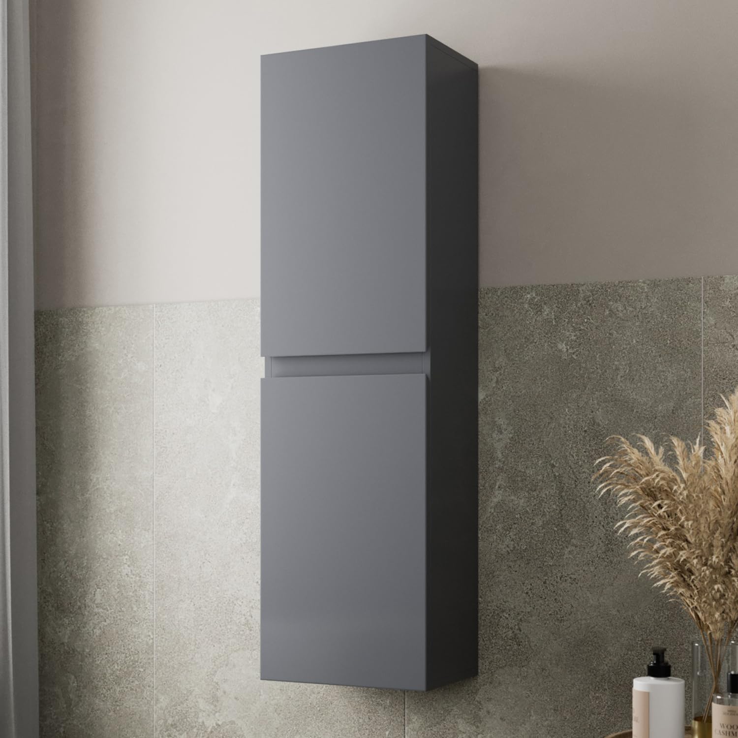 Artisยฎ Centro 1200 x 350mm Wall Mounted Tall Bathroom Cabinet Wall Hung Tall Boy Unit 2 Door Bathroom Furniture Storage Cupboard Tallboy, Soft Close Doors, Grey Gloss