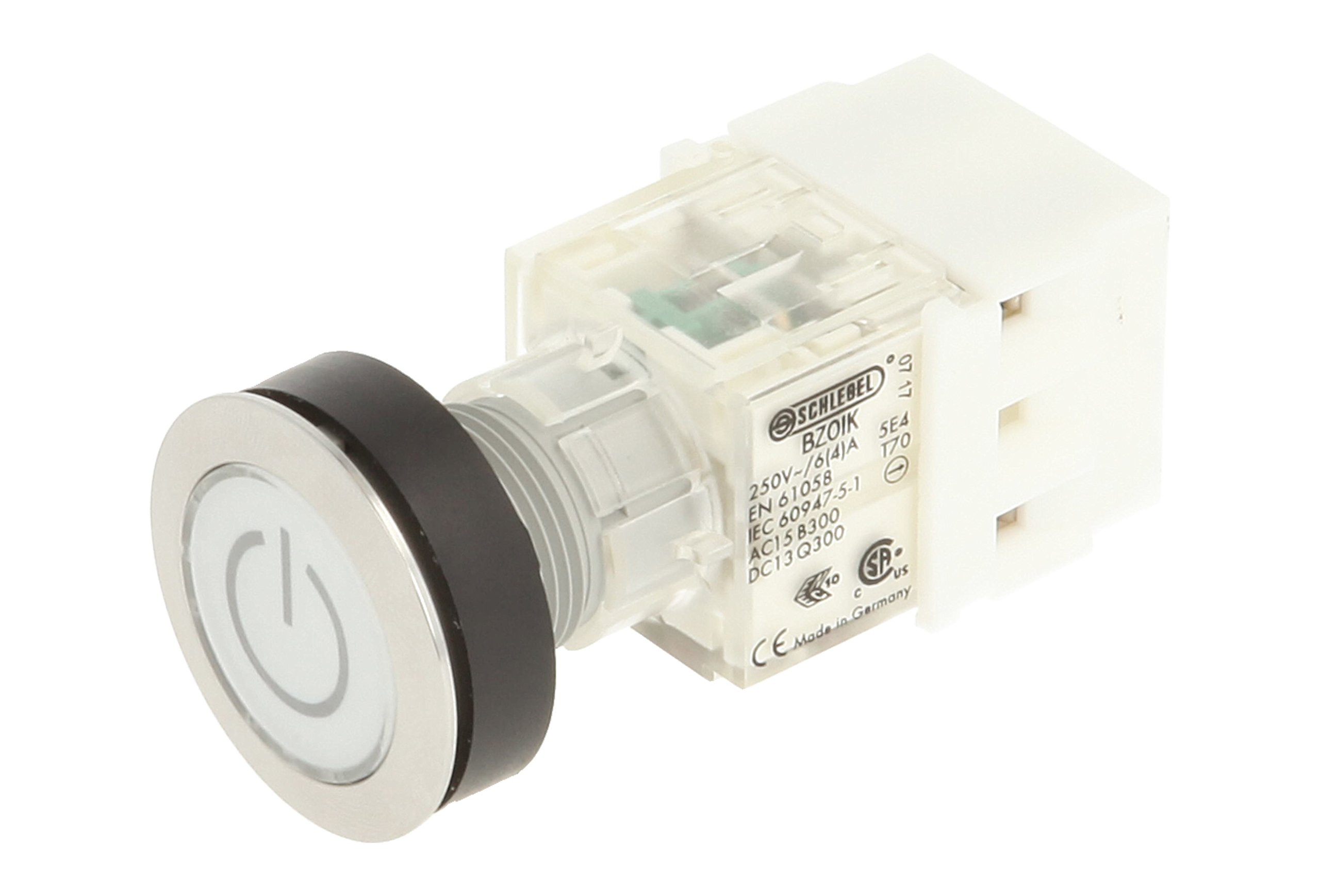 Schlegel 23.000.782 Push Button Stainless Steel, Clear Button Cap, Identification Plate Symbol On/Off, Push Contact Sensor 1 Opener/1 N/O Contact, Screw Connection