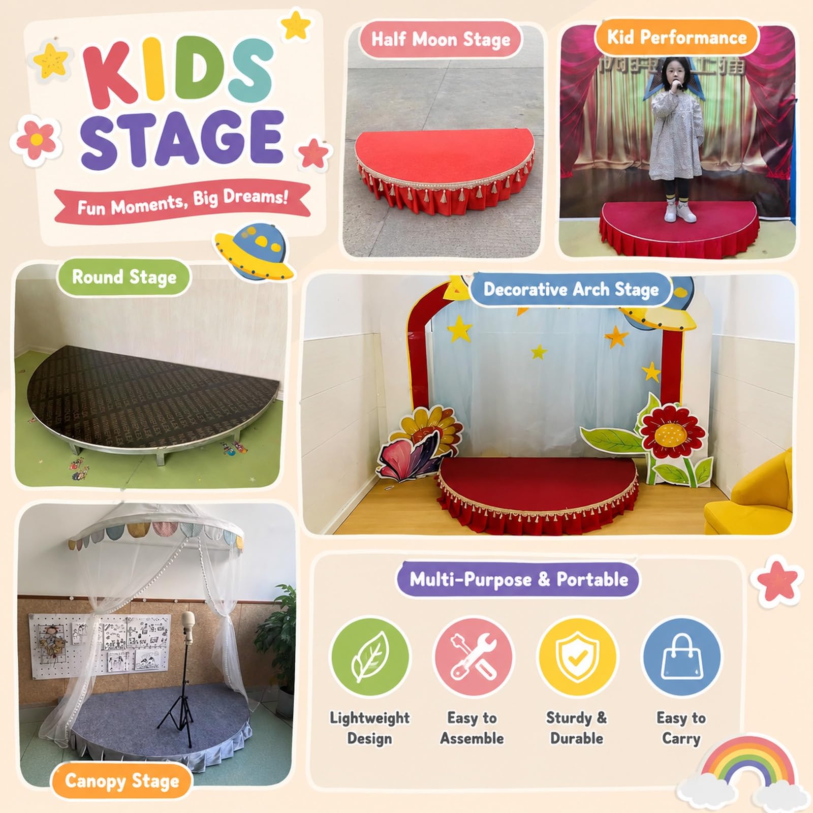Palcoscenico portatile semicircolare/rotondo, piccolo palco con gonna, elevata capacità di carico, mini palco per spettacoli corali, eventi scolastici e in classe(Gray B,120x60cm)