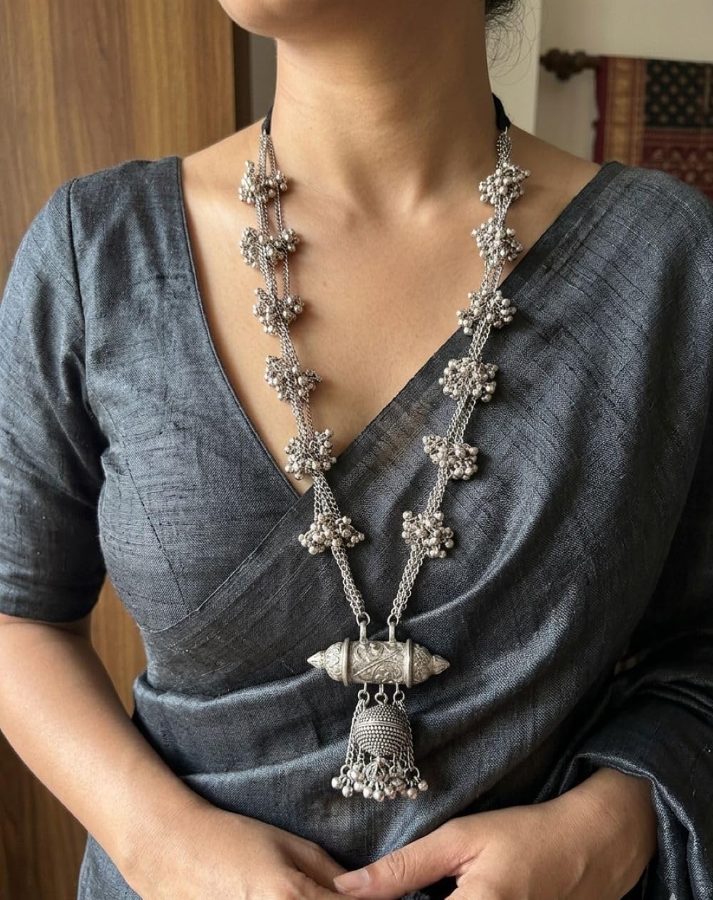 Indian Silver Antique Necklace Jewelry Set for Women Statement Afghani Oxidised Ethnic Tribal Long Chain Necklace Earrings Birthday Gifts