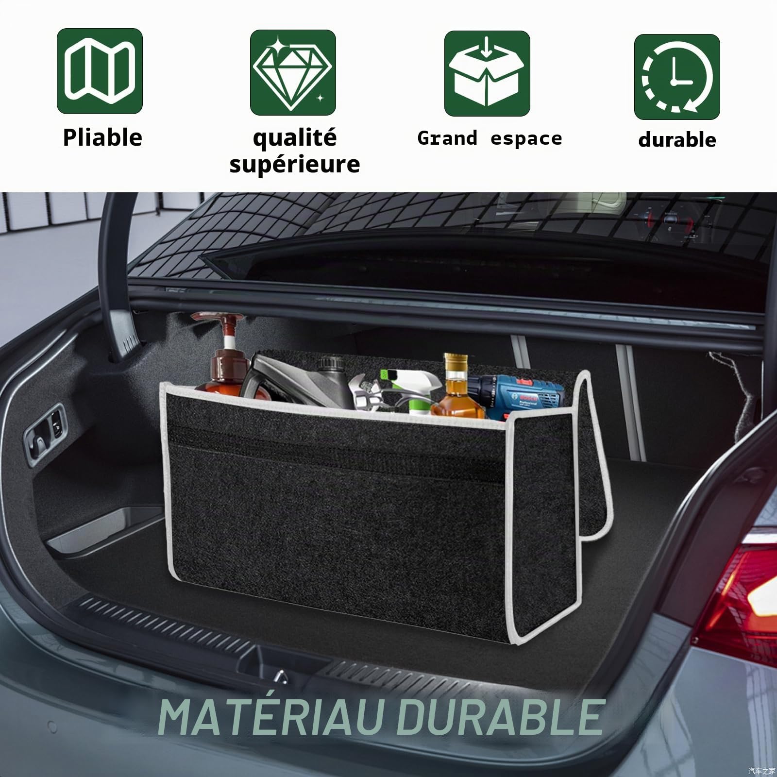 Sac Organisateur de Coffre de Voiture, Organisateur Auto Pliable de Rangement, Sac de Rangement Antidérapant en Felt pour Coffre, Accessoires Essentiels de Voiture pour le Rangement des Outils