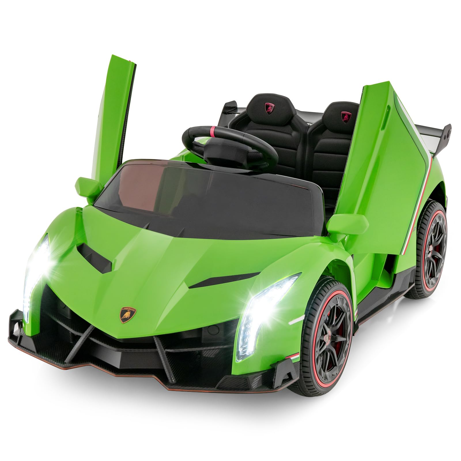OLAKIDS 2 Seater Kids Ride On Car, 12V 4WD Licensed Lamborghini Veneno Electric Vehicle with Remote Control, Toddlers Battery Powered Toy Gift with 2 Speeds, Rocking Mode, Music, USB, MP3 (Green)