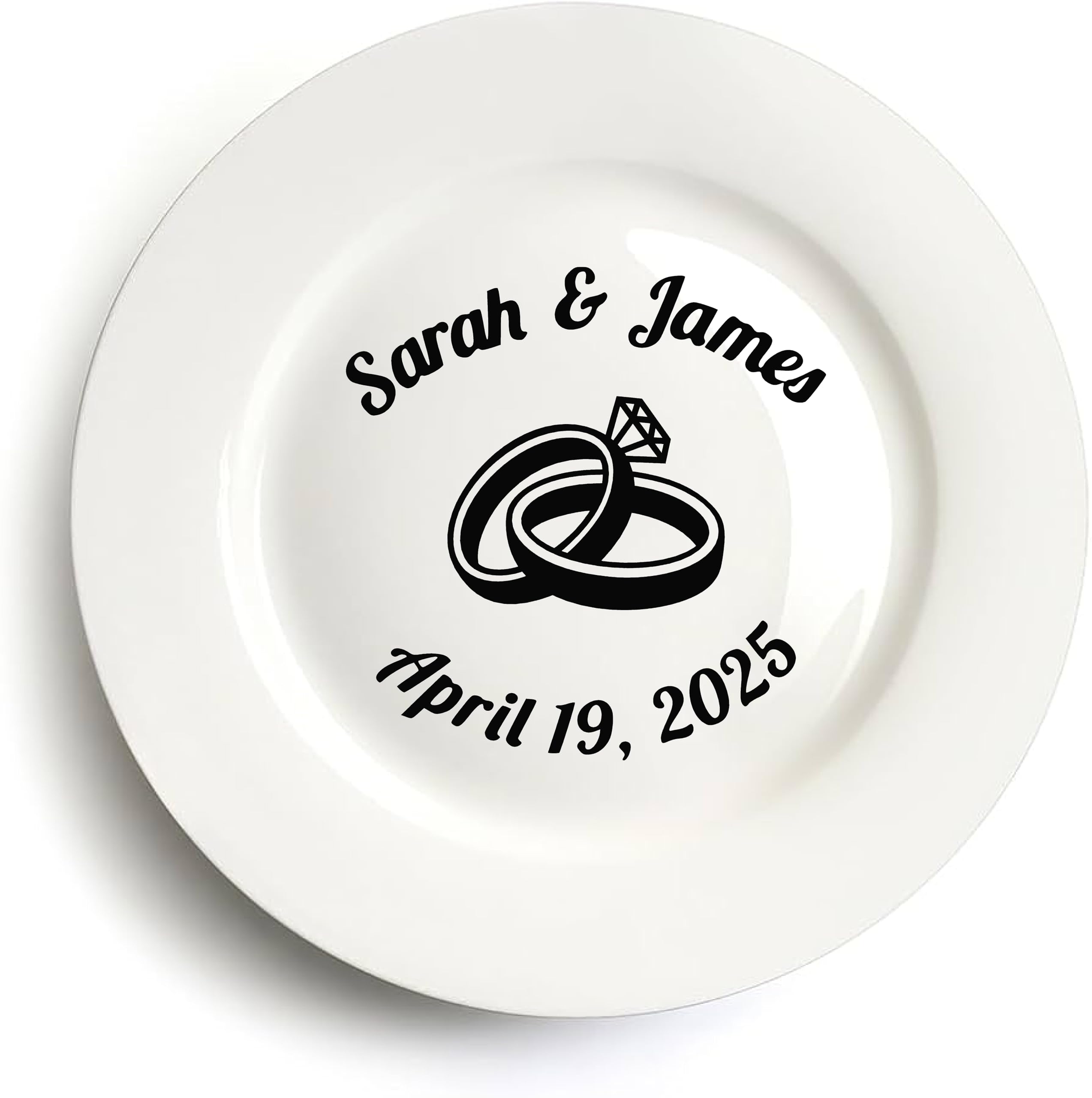 Custom New Bone China Plates, Personalize Bride and Groom Names and Date for Wedding or Engagement - Interlocking Wedding Rings Design (Black, 6.25"