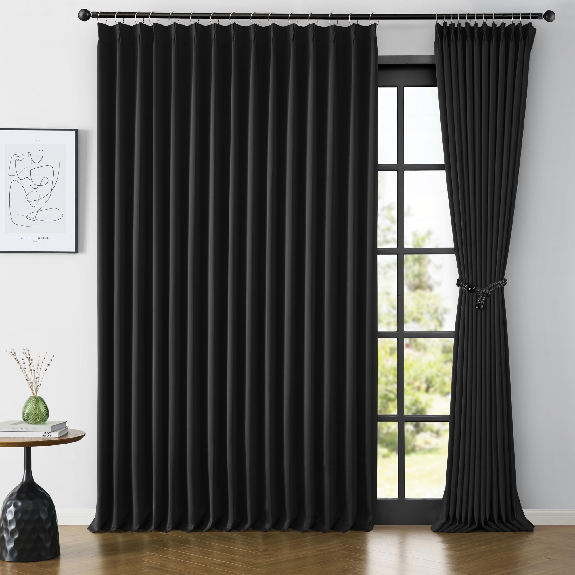 KEQIAOSUOCAI Extra Wide Black Pinch Pleated Curtains 100 x 95, Thermal Insulated Noise Cancelling Living Room Drapes 95 Inches Long, Patio Sliding