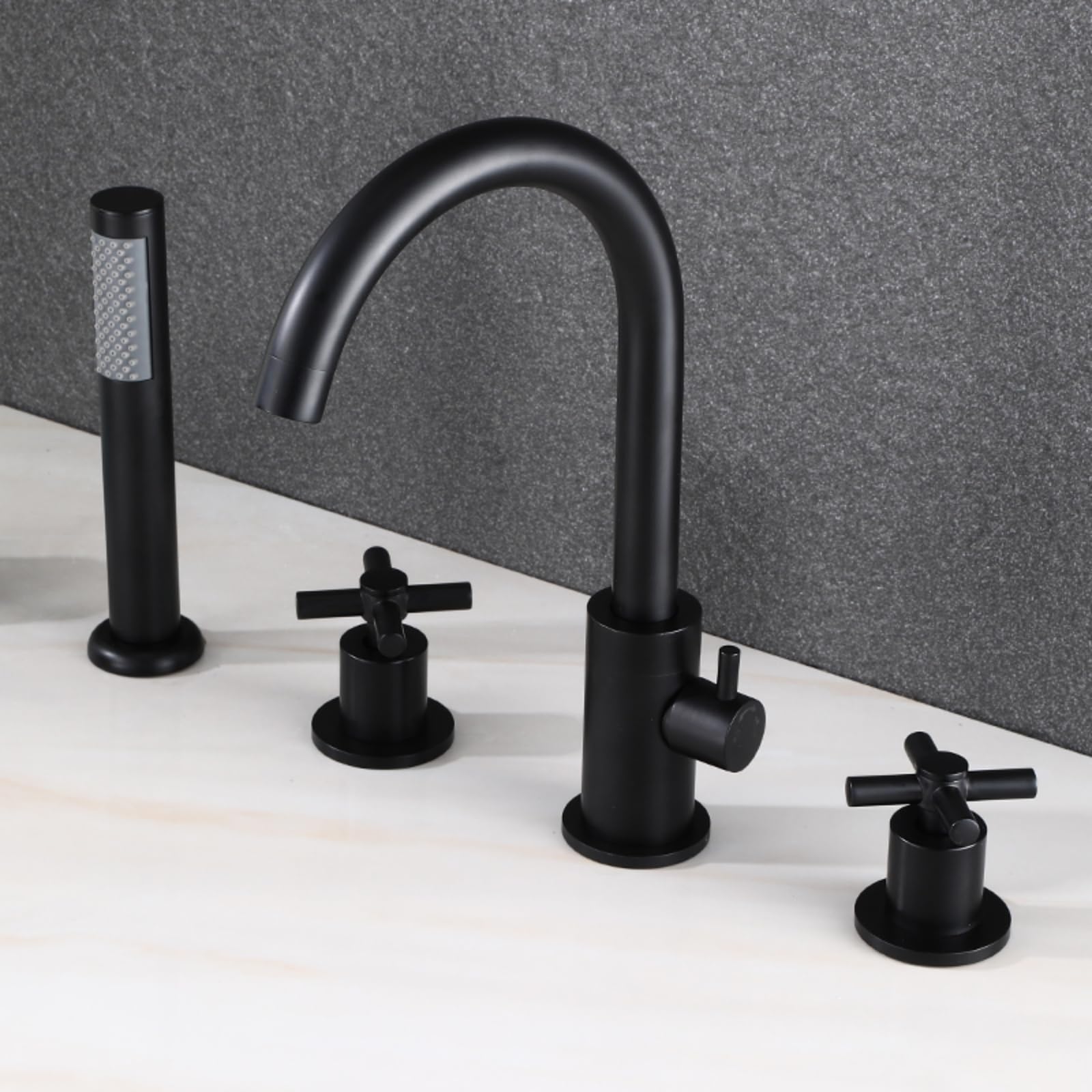 SnamicE 4 Hole Bath Taps Black Bath Mixer Taps with Shower 360 Swivel Spout Double Lever Pull Out Tap,Black