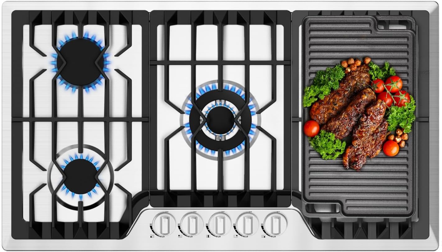 36" Built-in Gas Cooktop with Griddle,5 Italy SABAF Sealed Burners Gas Stove TOP, 41,800BTU, NG/LPG Convertible, Stainless Steel Propane Cooktop with Thermocouple Protection