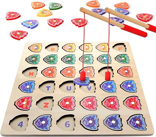 Juguete de pesca magnético de madera, rompecabezas de juegos de peces con números y letras a juego, alfabeto Montessori Cognición Juguetes de