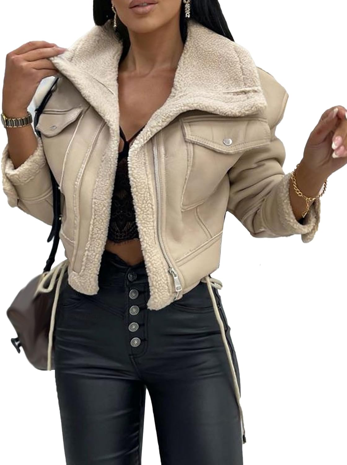 Sexyshine Women's Faux Shearing Moto Bomber Jacket Sherpa-Lined Coat Winter Aviator Leather Coat Outerwear
