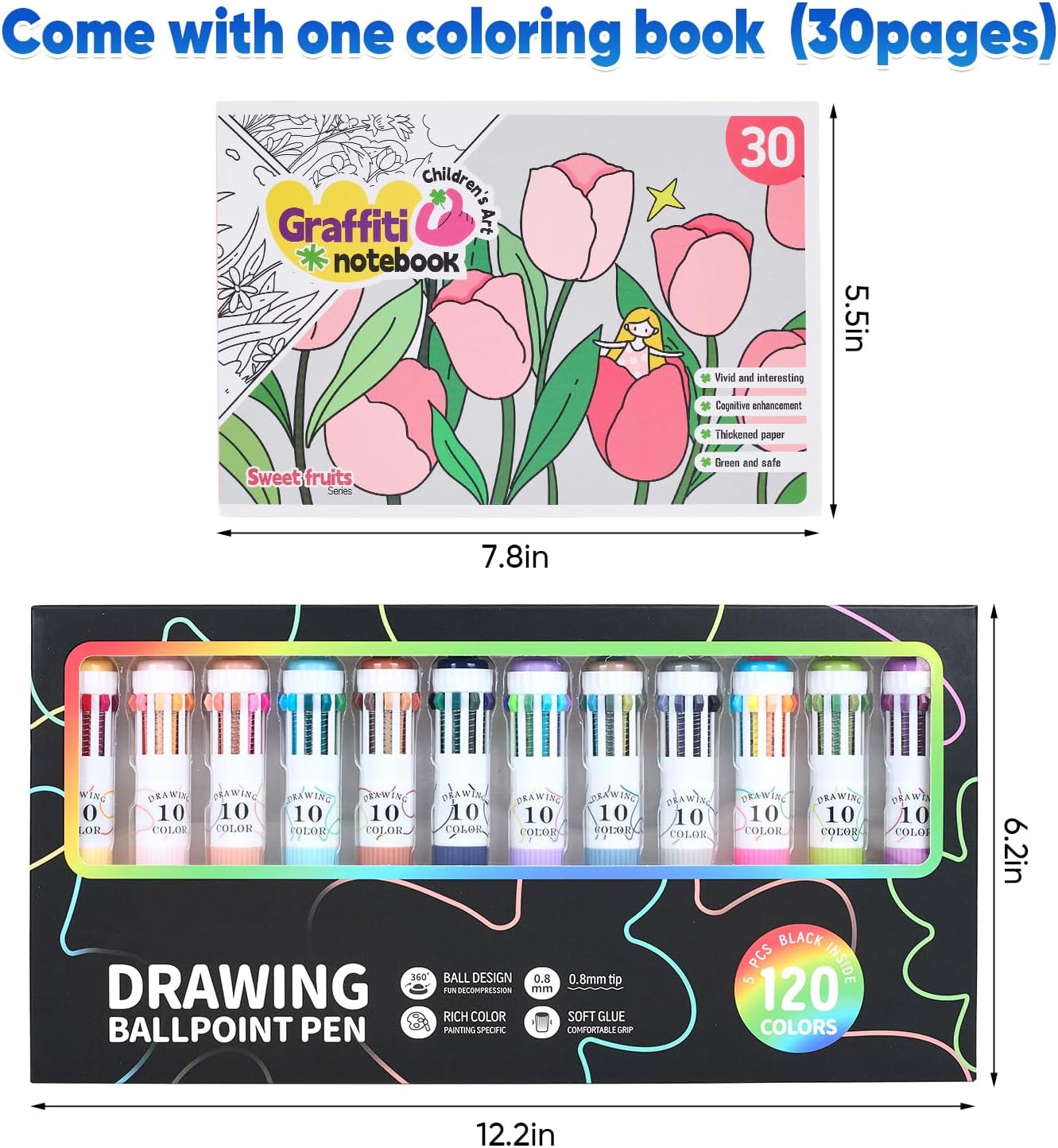 12 Pack Ballpoint Pens, Coloring books, Multicolor in One 10-in-1, 120 colors, 0.8mm Fine Point Click Colorful pen, School Gifts Classroom Student Prizes