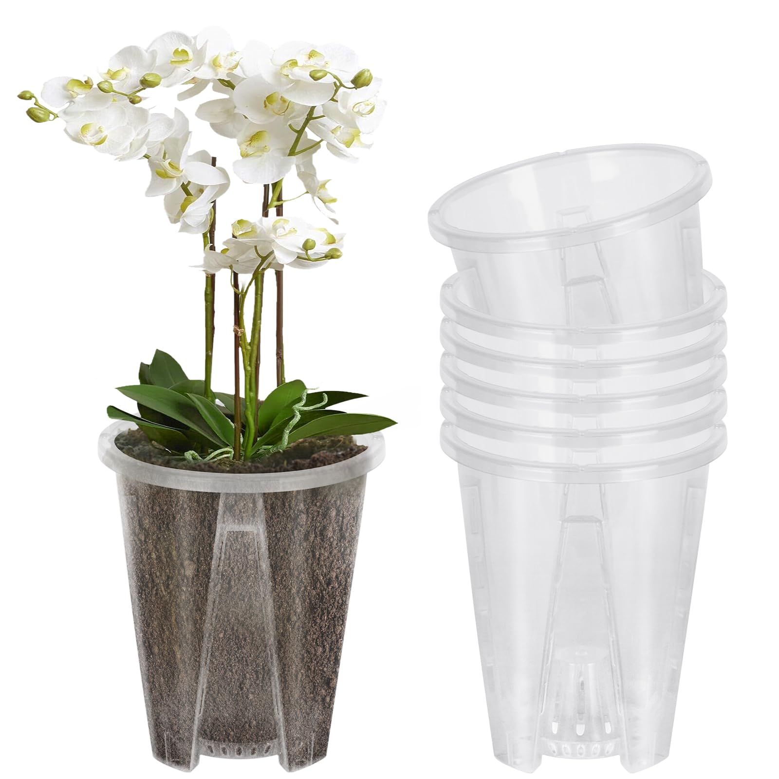 Mineup 6Pcs Maceta de Plástico Transparente 10cm Macetas Orquídeas Transparente, Kit para Trasplantar Orquídeas, Maceta Transparente con Agujeros y Plato,Maceta de Plásticos para Orquídeas para Balcón
