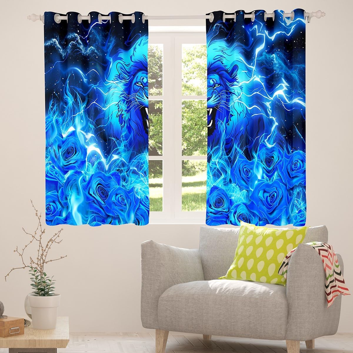 Manfei Lion Kids Blackout Curtain,Rose Flowers Romantic Valentine's Day Window Drapes for Boys Men,Wild Animals Lightning Blue Fashion Window Treatments Grommet Top 2 Panel Set,38Wx45L inch