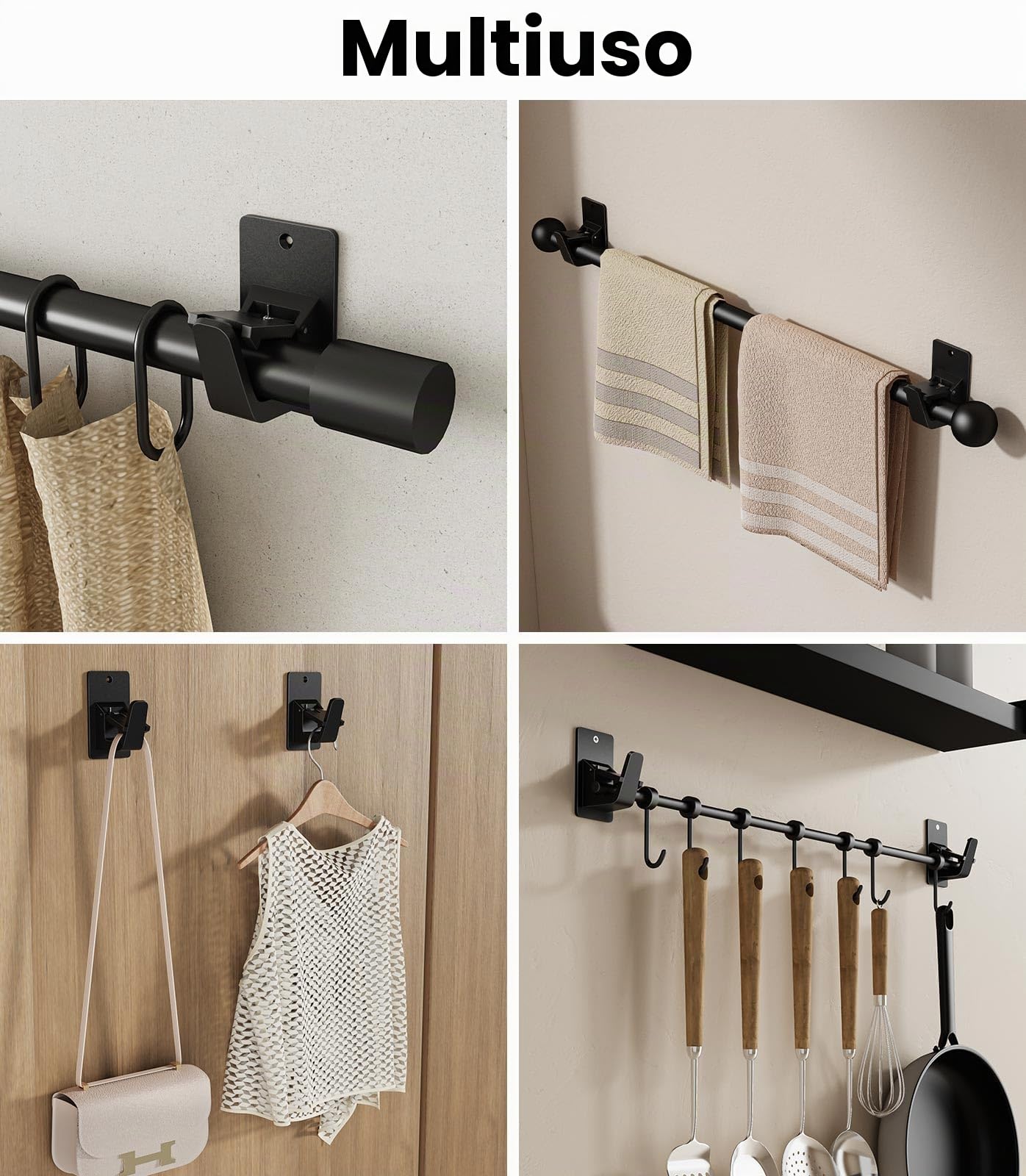 2 Pezzi Supporto per Bastone per Tenda - Staffa per Asta Autoadesivo Tenda Gancetti Porta Bastoni Ganci Tende Senza Bucare per Soggiorno, Bagno, Camera da Letto, Nero