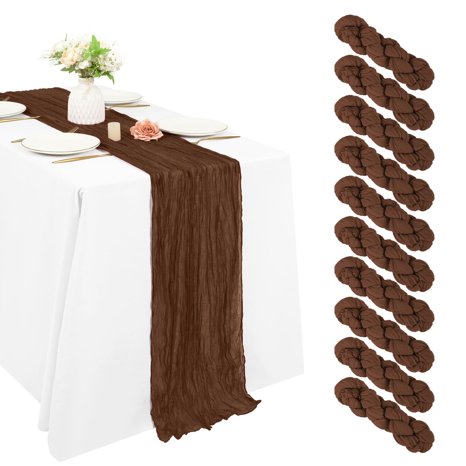 Photo 1 of 10 Pack Cheesecloth Table Runner 20 x 120 inch Long Boho Gauze Table Runners 10FT Semi Sheer Table Runner for Wedding Decor, Baby Shower, Birthday Party, Banquet (Brown)