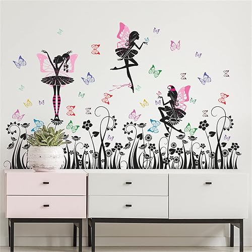 Miniatura 3 de Calcomanías de pared de hadas de flores, 2 hojas autoadhesivas de pared para niñas con flores y mariposas bailarinas para niñas, decoración de